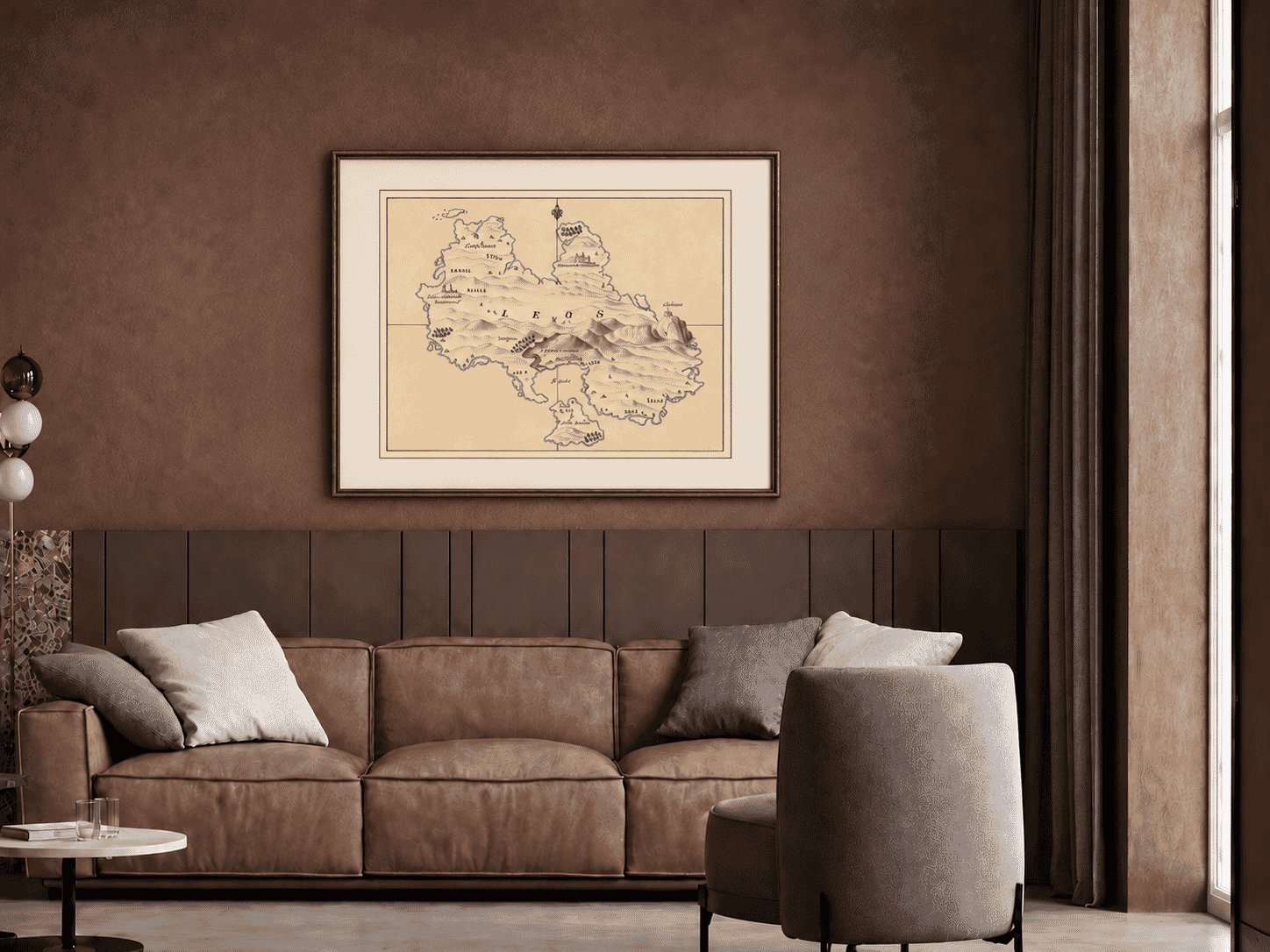 Old map of Leros shown in a bronze frame above a living-room sofa