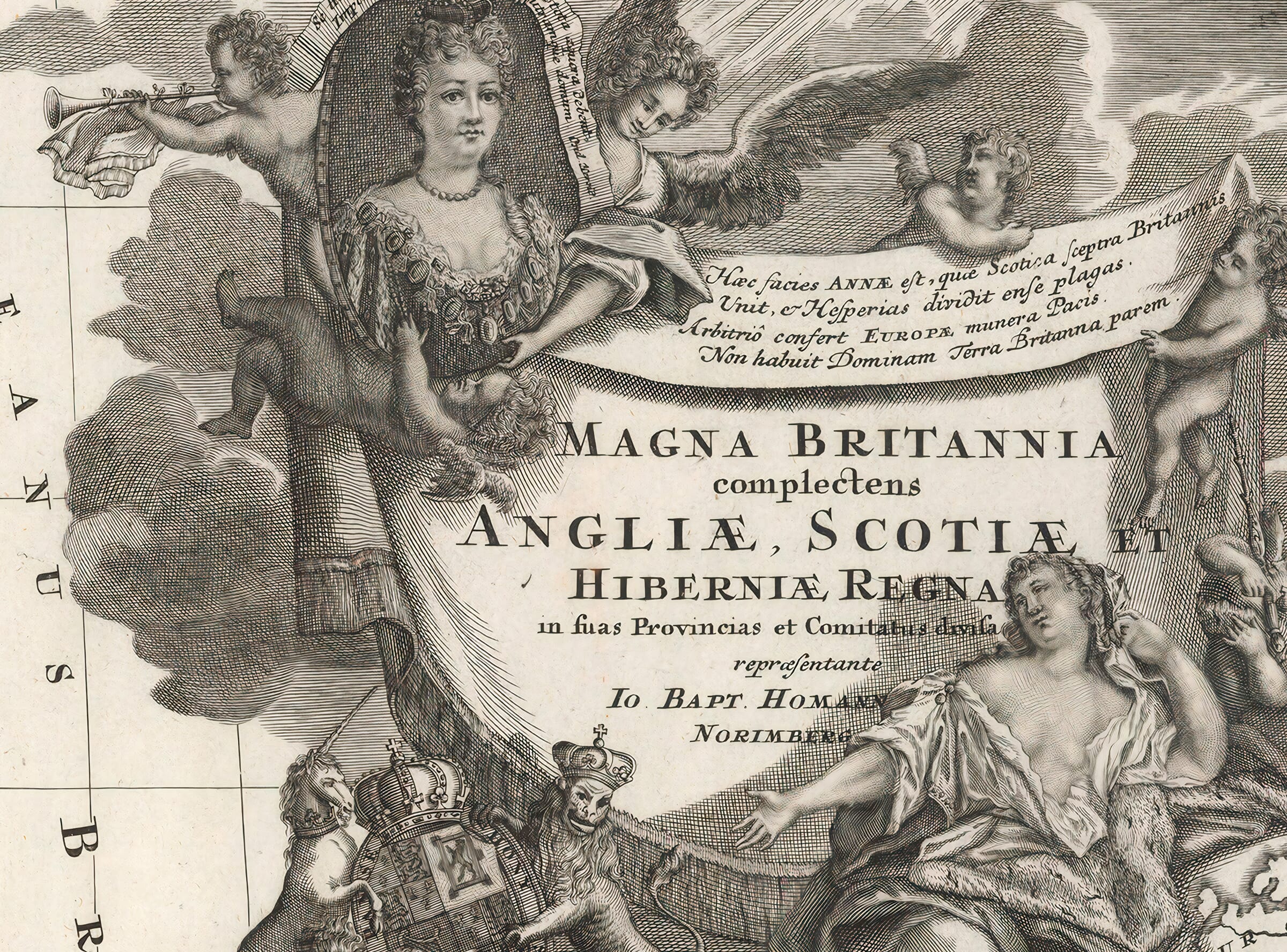 Detail of Queen Anne, winged figures and royal arms in Homann’s map cartouche