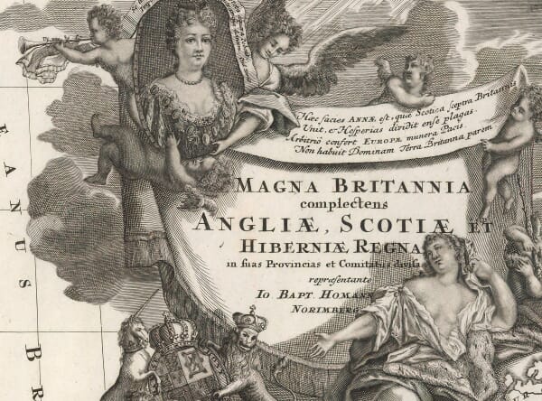 Detail of Queen Anne, winged figures and royal arms in Homann’s map cartouche