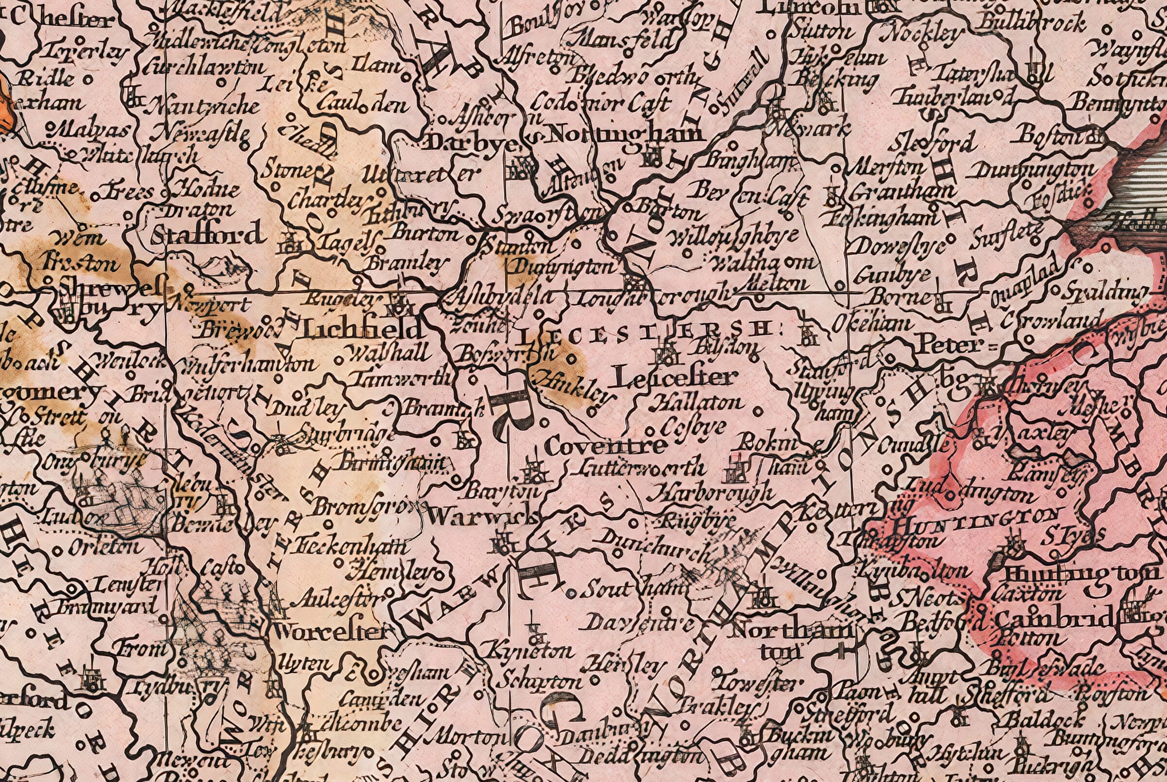Detail of Nottingham, Leicester, Coventry and surrounding towns on Homann’s map