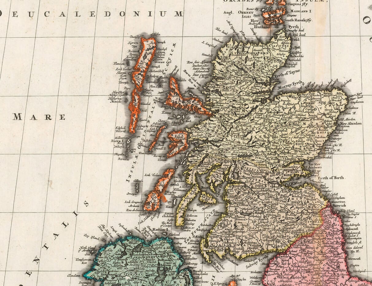 Detail of Scotland, the Hebrides, Orkney and northern Ireland on Homann’s coloured map