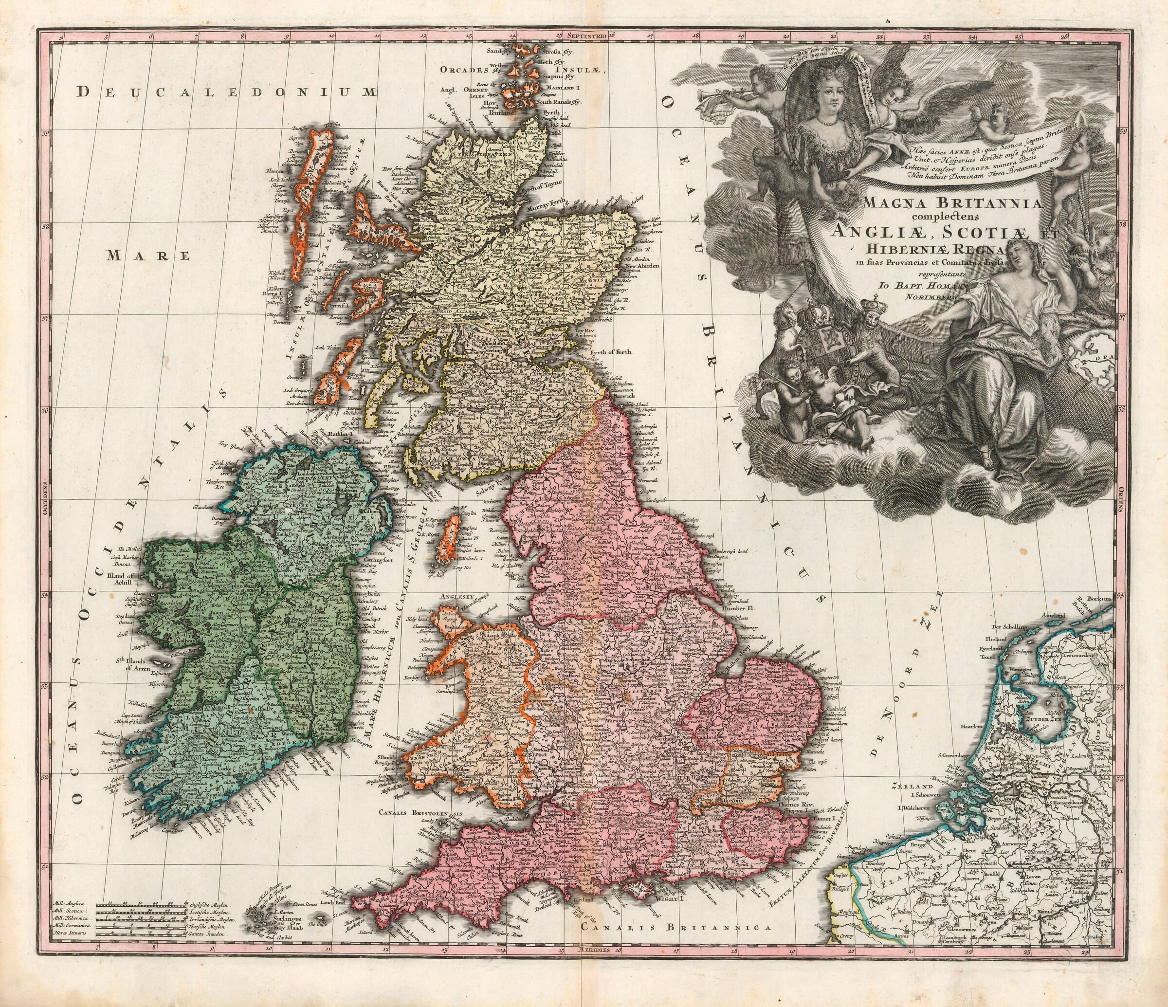 Homann’s coloured map of Great Britain and Ireland with an elaborate Queen Anne cartouche