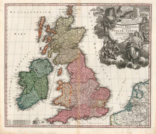 Homann’s coloured map of Great Britain and Ireland with an elaborate Queen Anne cartouche
