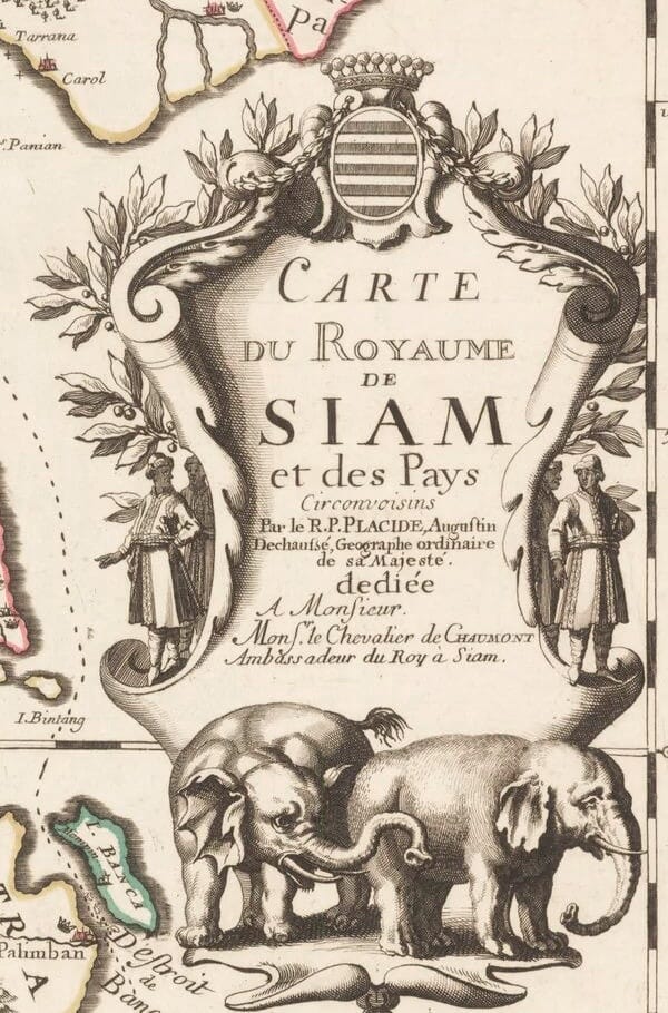 Ornamental Siam map title with crowned shield, figures and elephants