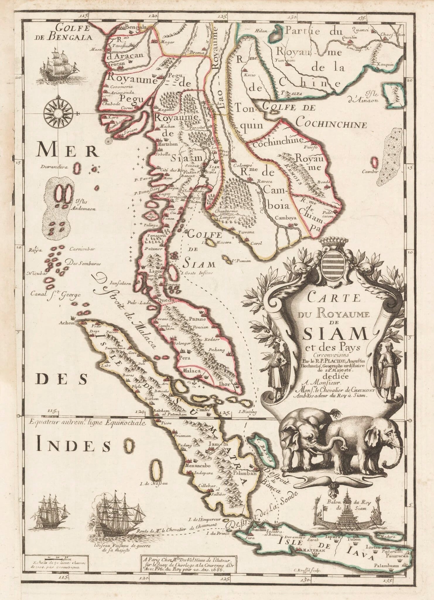 1686 map of Siam and neighbouring kingdoms with elephants, sailing ships and an ornate title