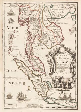 1686 map of Siam and neighbouring kingdoms with elephants, sailing ships and an ornate title