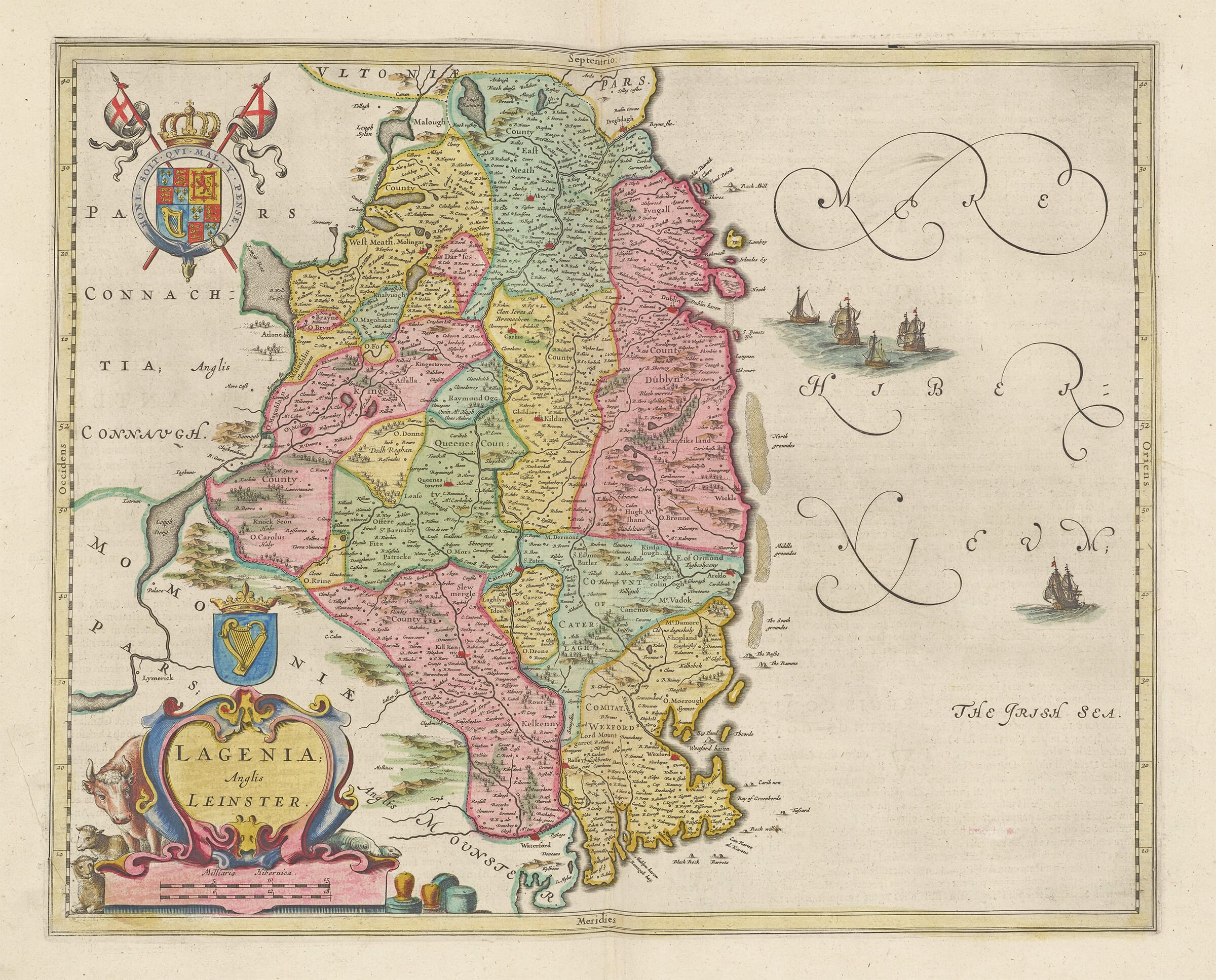 Blaeu’s map of Leinster with coloured counties, Dublin, Wicklow, Wexford and ships in the Irish Sea