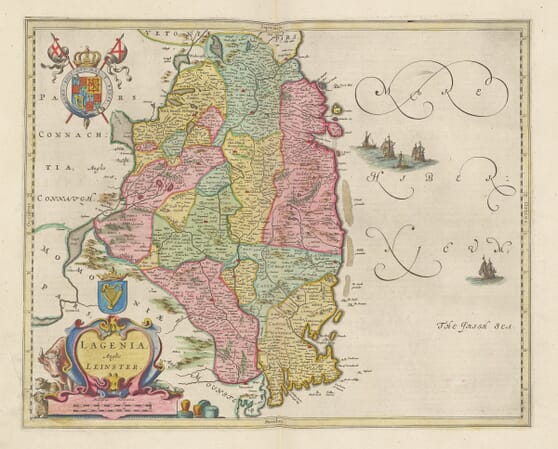 Blaeu’s map of Leinster with coloured counties, Dublin, Wicklow, Wexford and ships in the Irish Sea