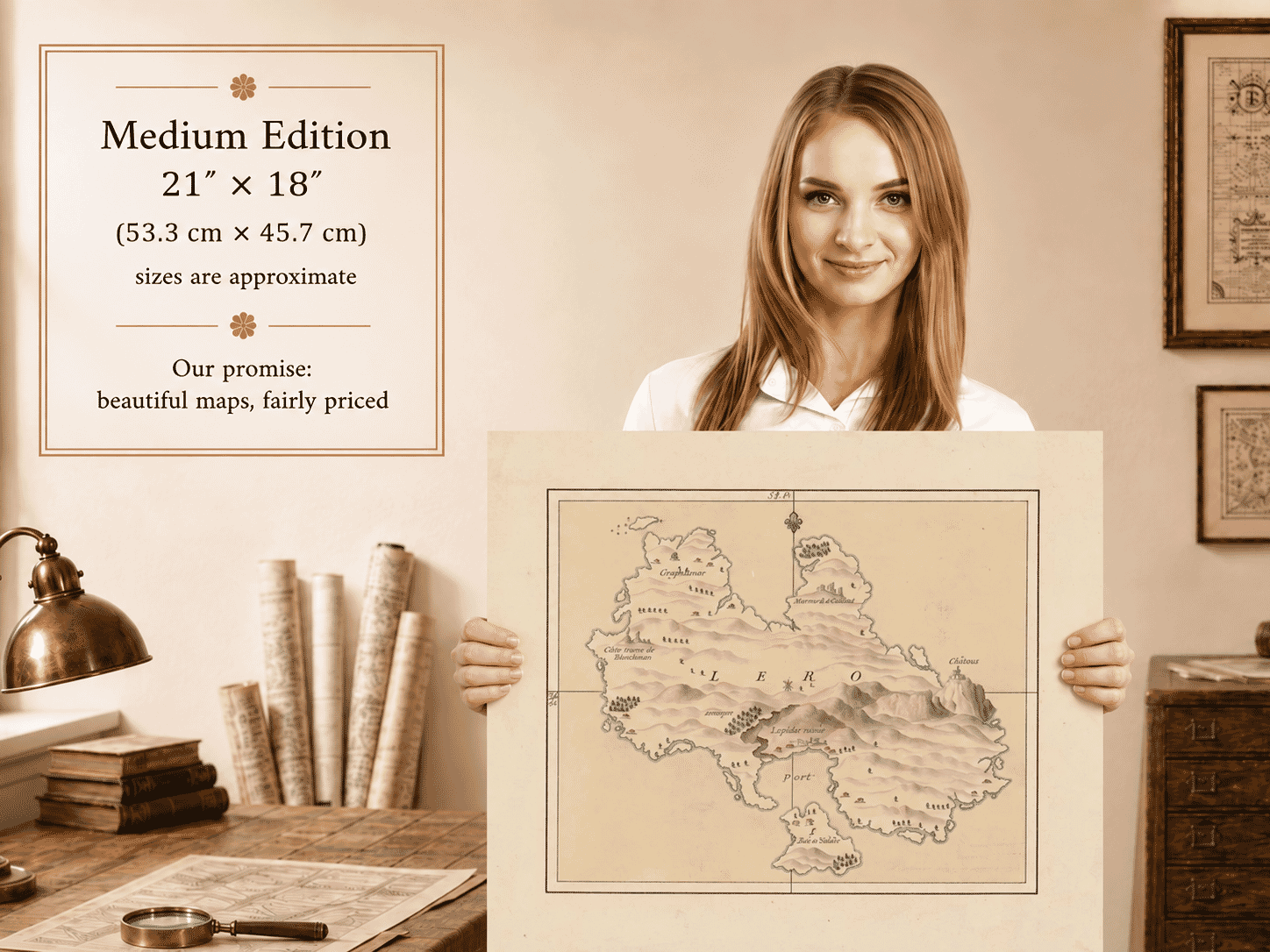 Woman holding the Medium Edition old map of Leros