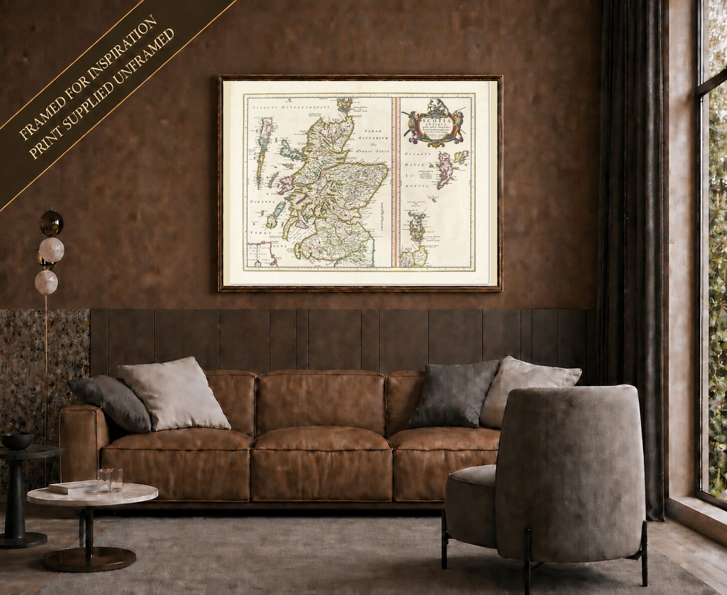 Joan Blaeu's old map of Ancient Scotland shown framed; print supplied unframed