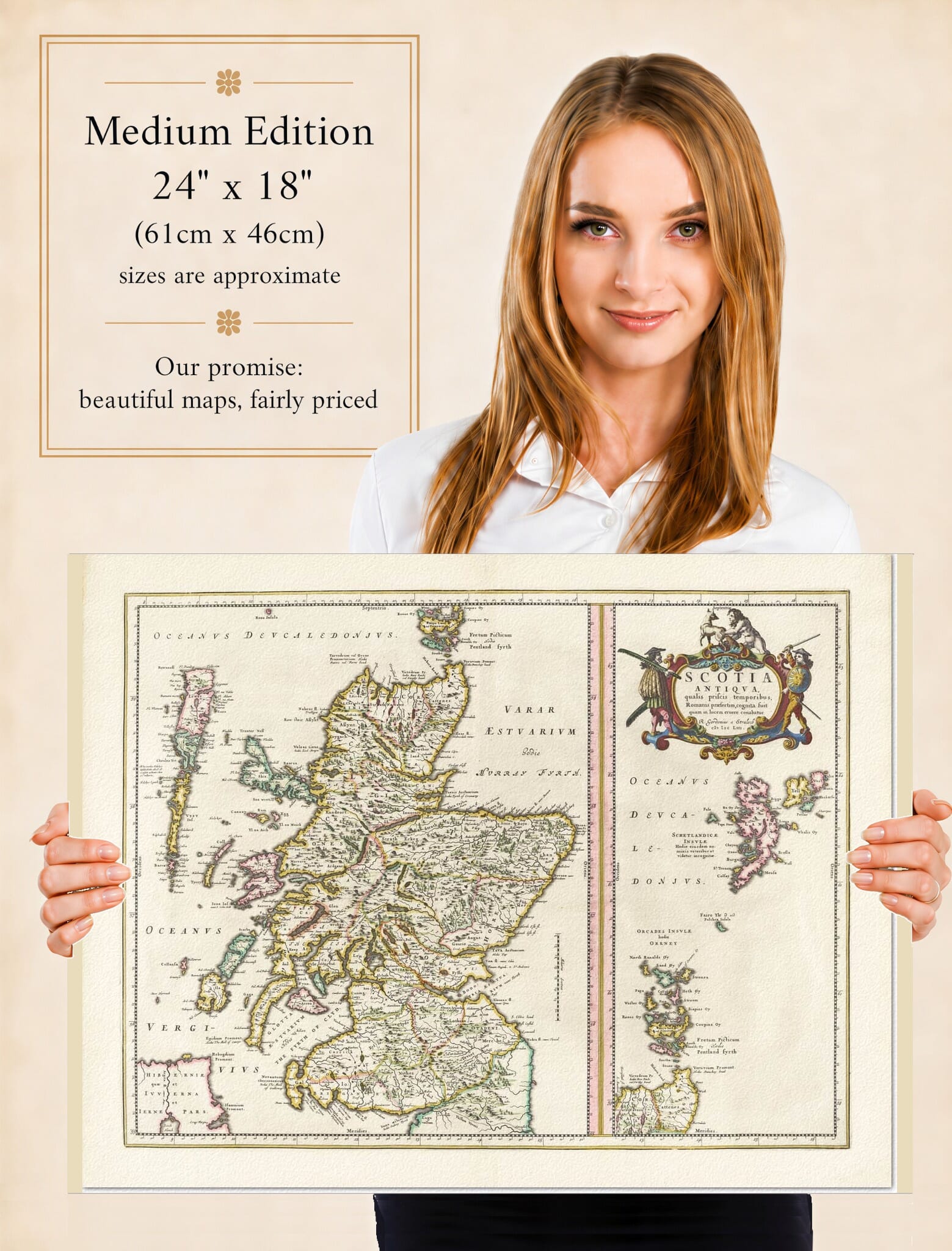Lady holding the Medium Edition of Joan Blaeu's old map of Ancient Scotland