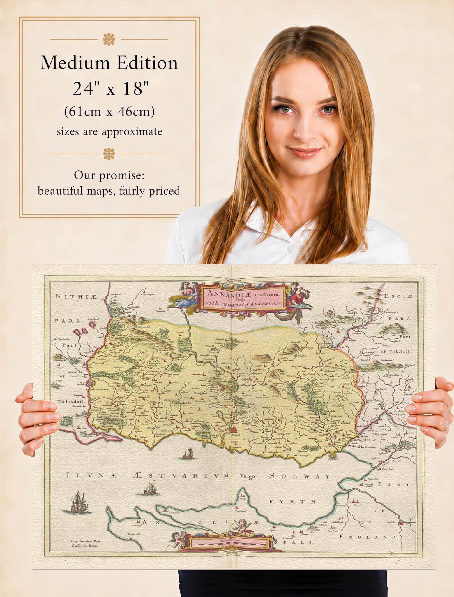 Lady holding the Medium Edition of Joan Blaeu's old map of Annandale