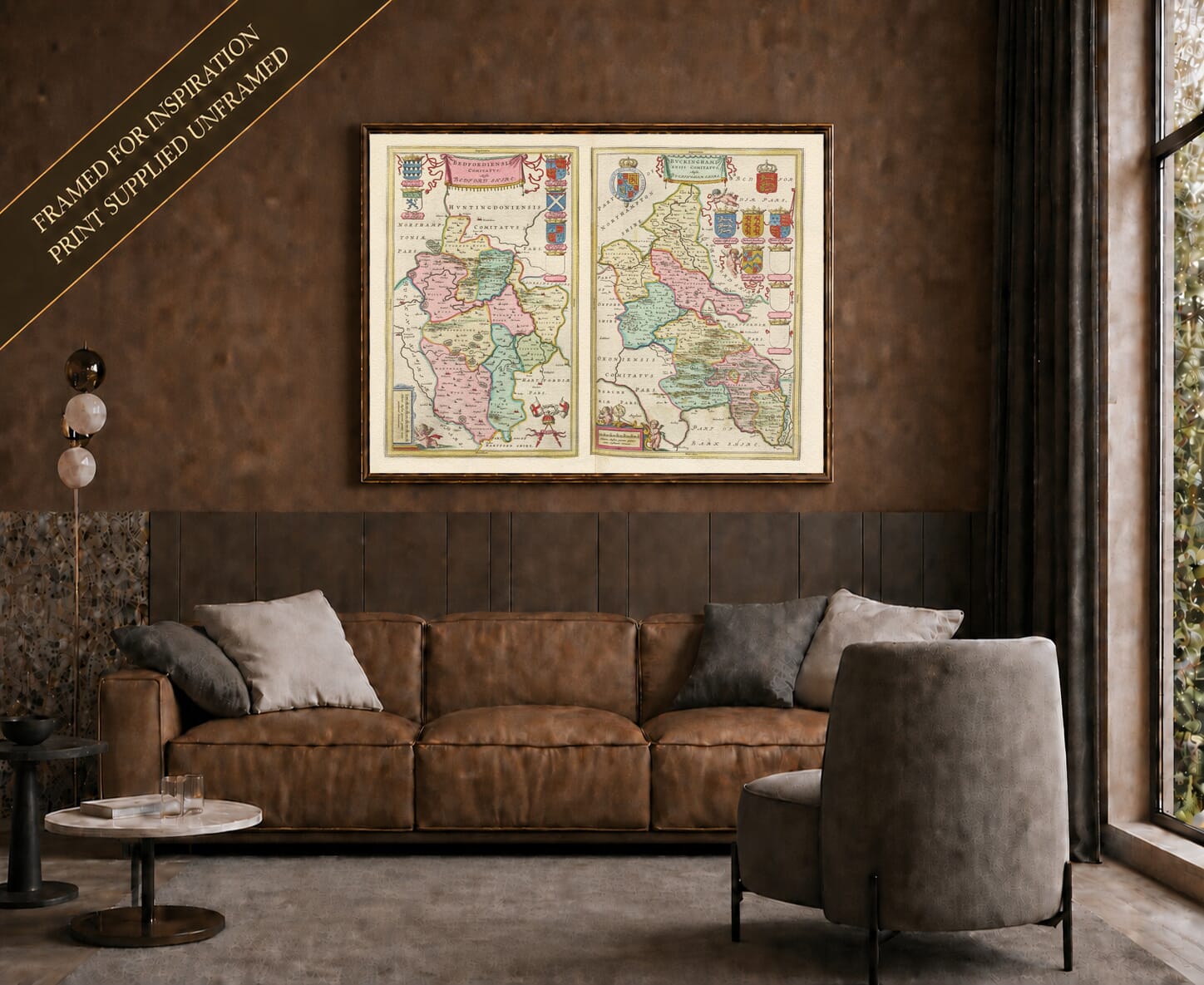 Joan Blaeu's old map of Bedfordshire And Buckinghamshire shown framed; print supplied unframed