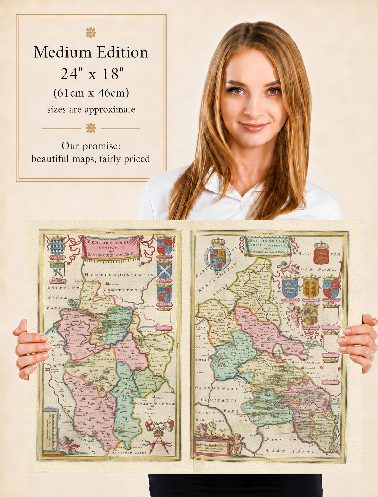 Lady holding the Medium Edition of Joan Blaeu's old map of Bedfordshire And Buckinghamshire