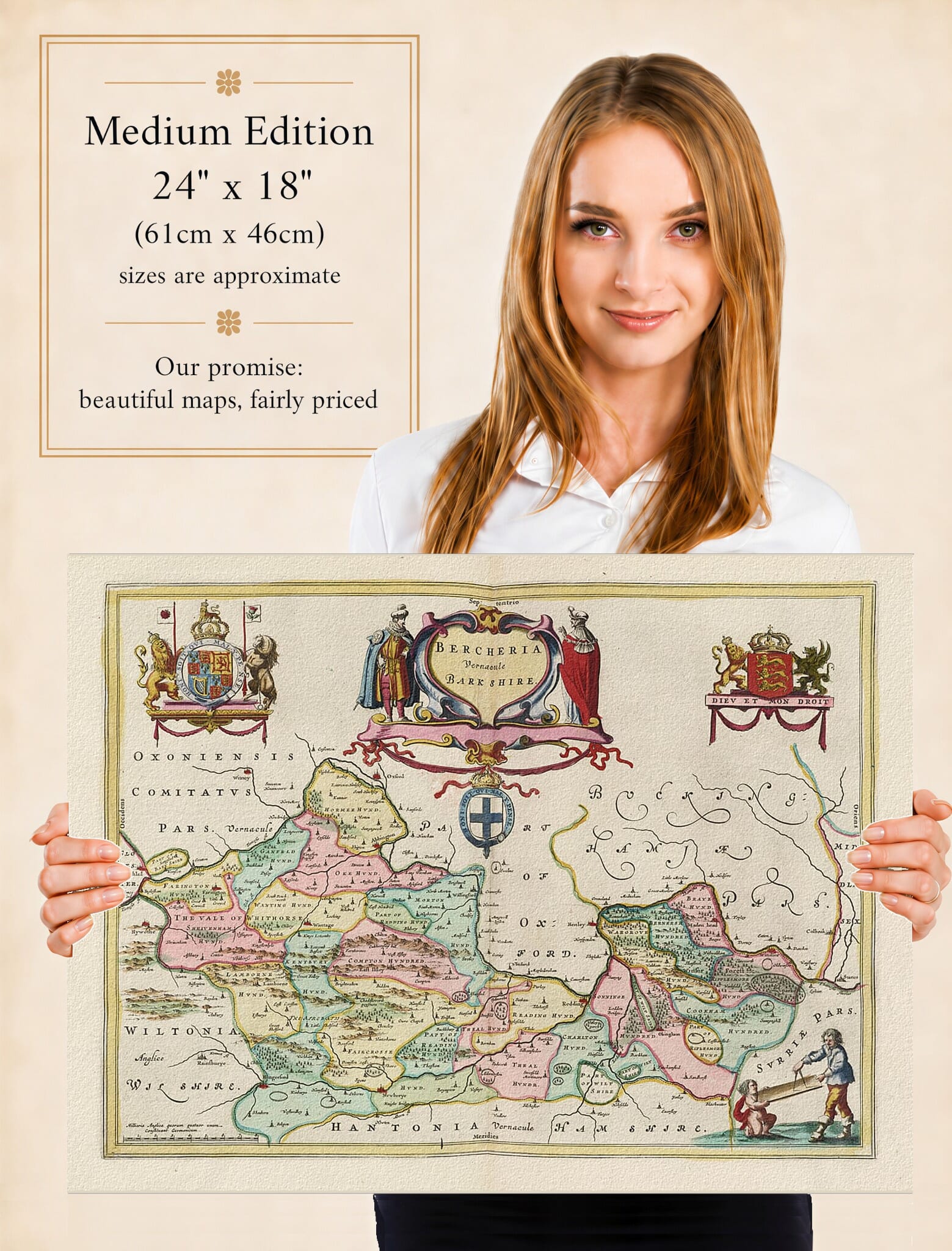 Lady holding the Medium Edition of Joan Blaeu's old map of Berkshire