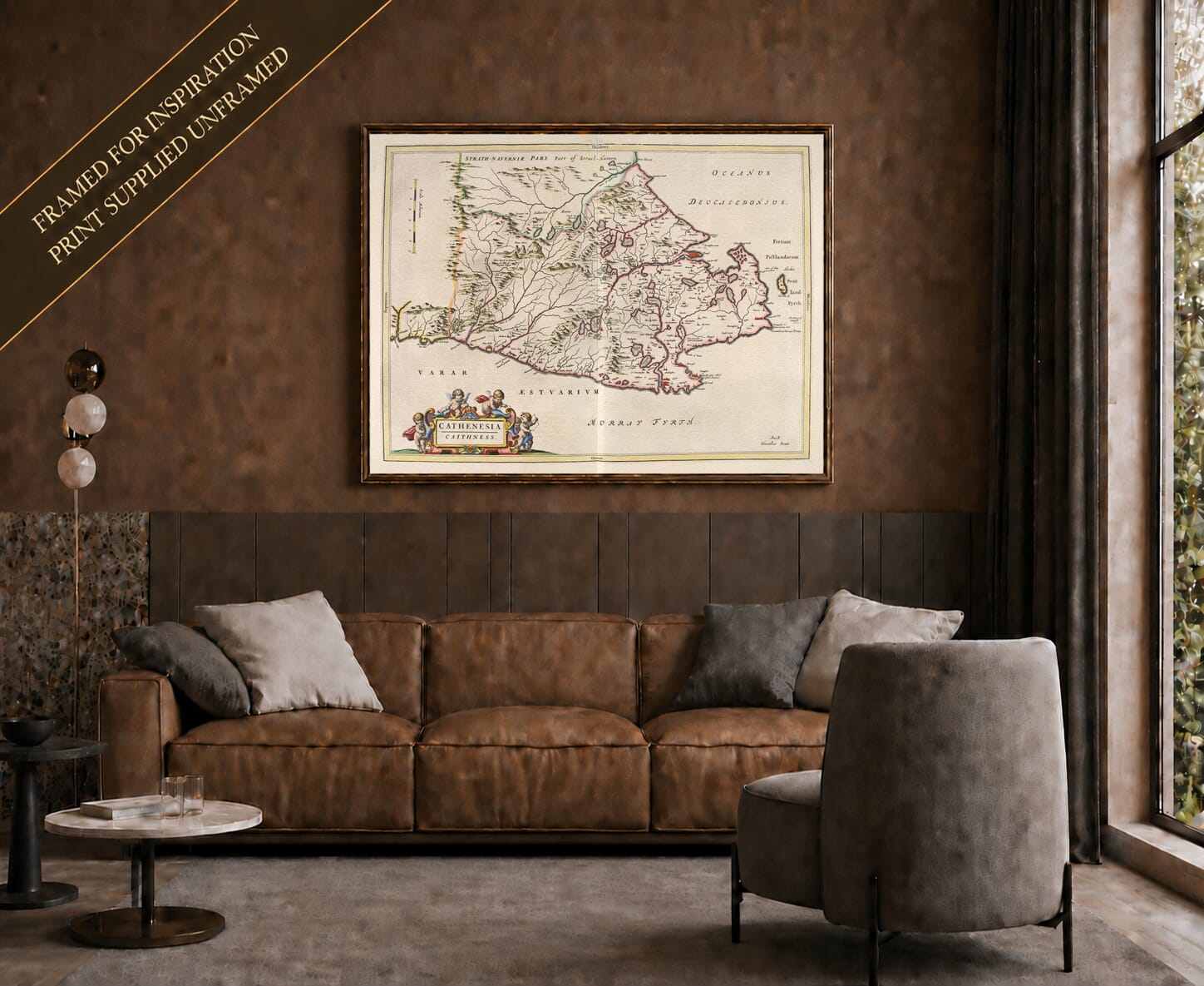Joan Blaeu's old map of Caithness shown framed; print supplied unframed