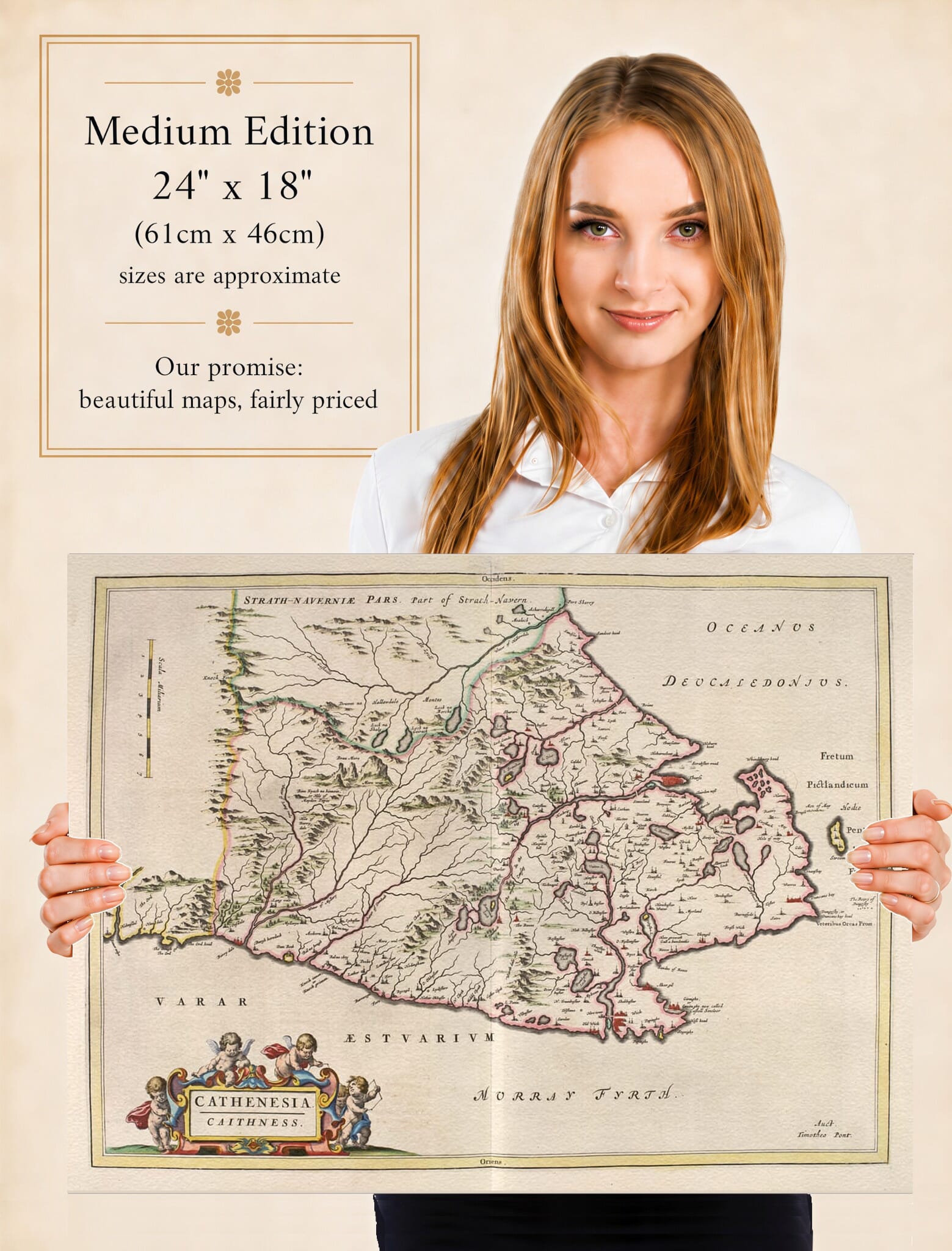 Lady holding the Medium Edition of Joan Blaeu's old map of Caithness