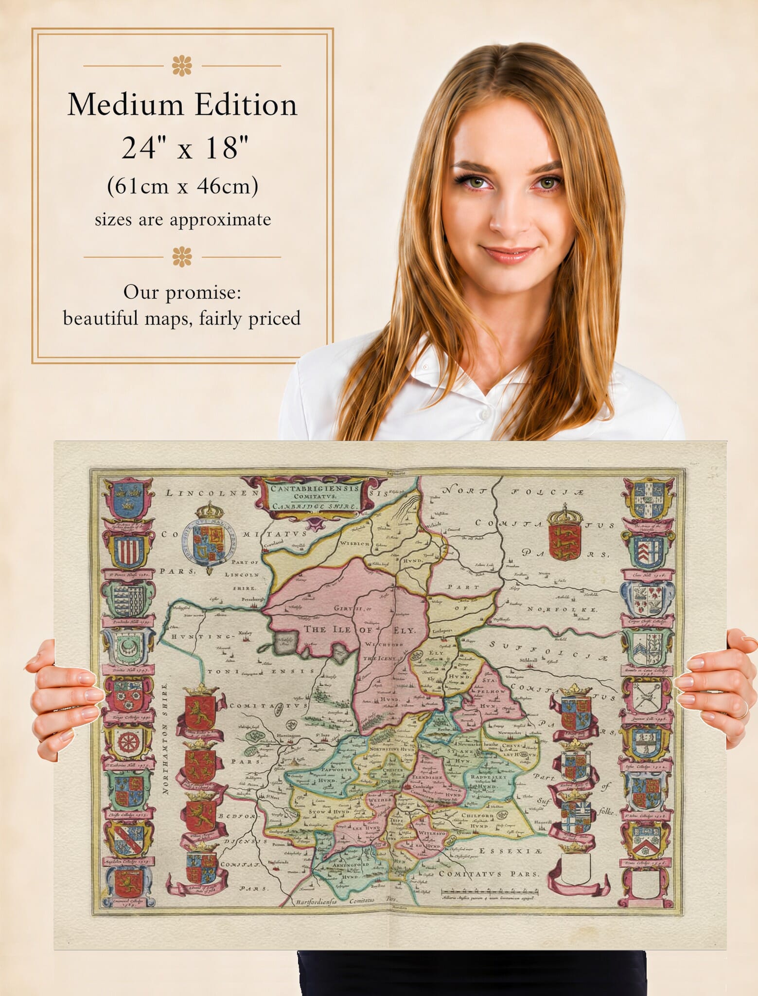 Lady holding the Medium Edition of Joan Blaeu's old map of Cambridgeshire