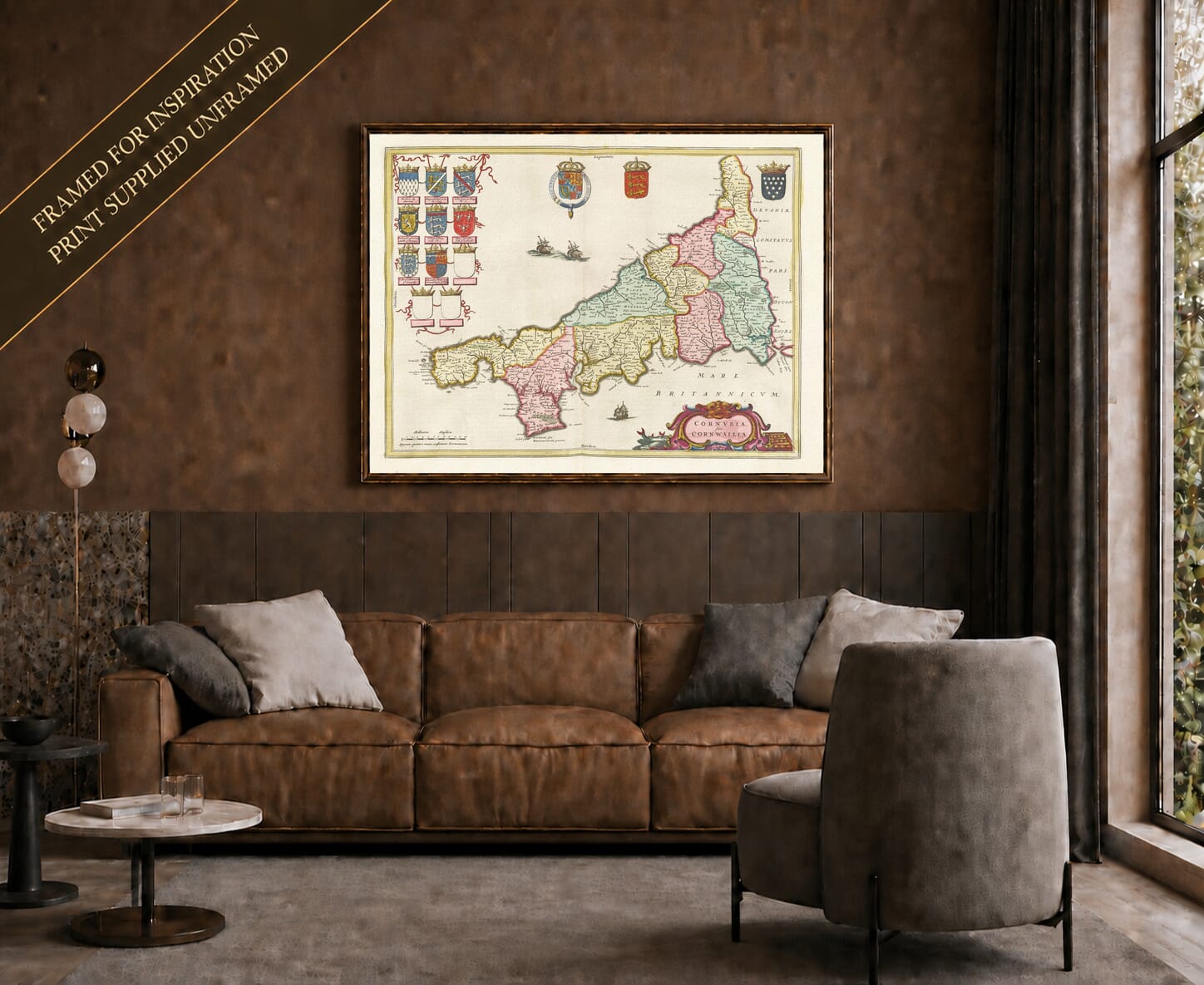 Joan Blaeu's old map of Cornwall shown framed; print supplied unframed