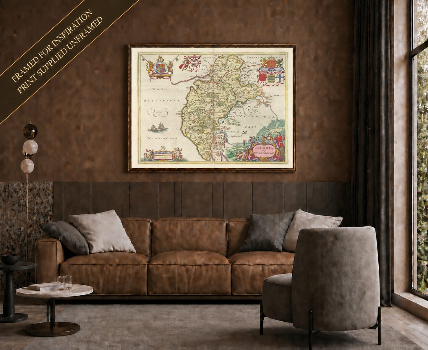 Joan Blaeu's old map of Cumberland shown framed; print supplied unframed