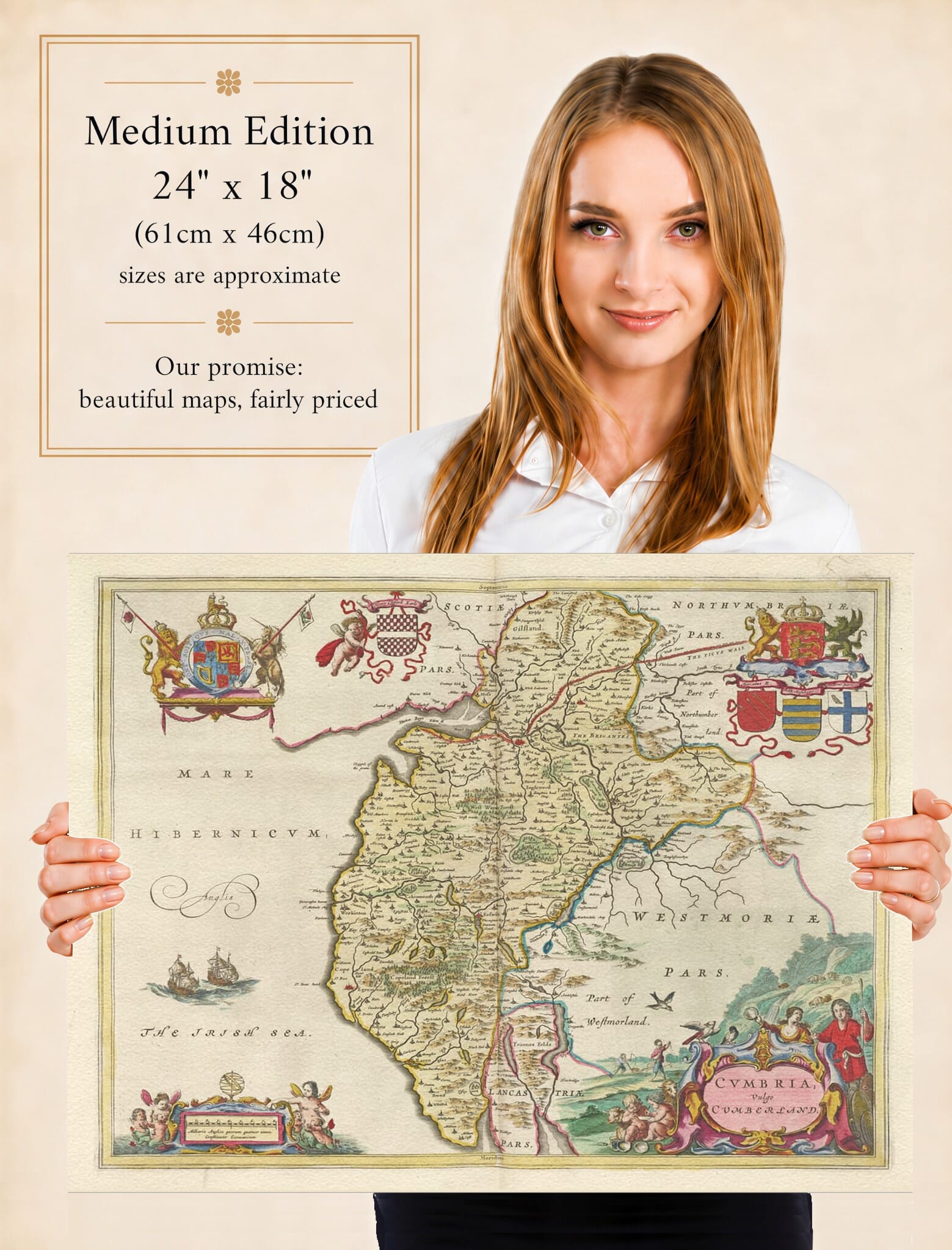 Lady holding the Medium Edition of Joan Blaeu's old map of Cumberland