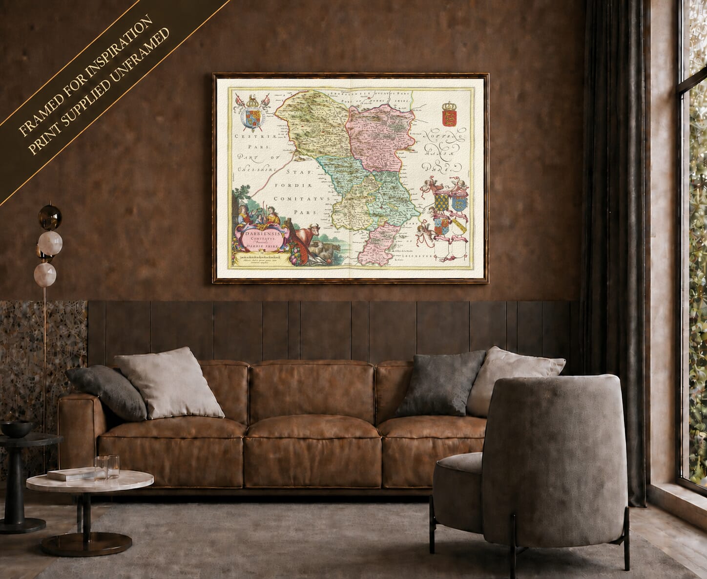 Joan Blaeu's old map of Derbyshire shown framed; print supplied unframed