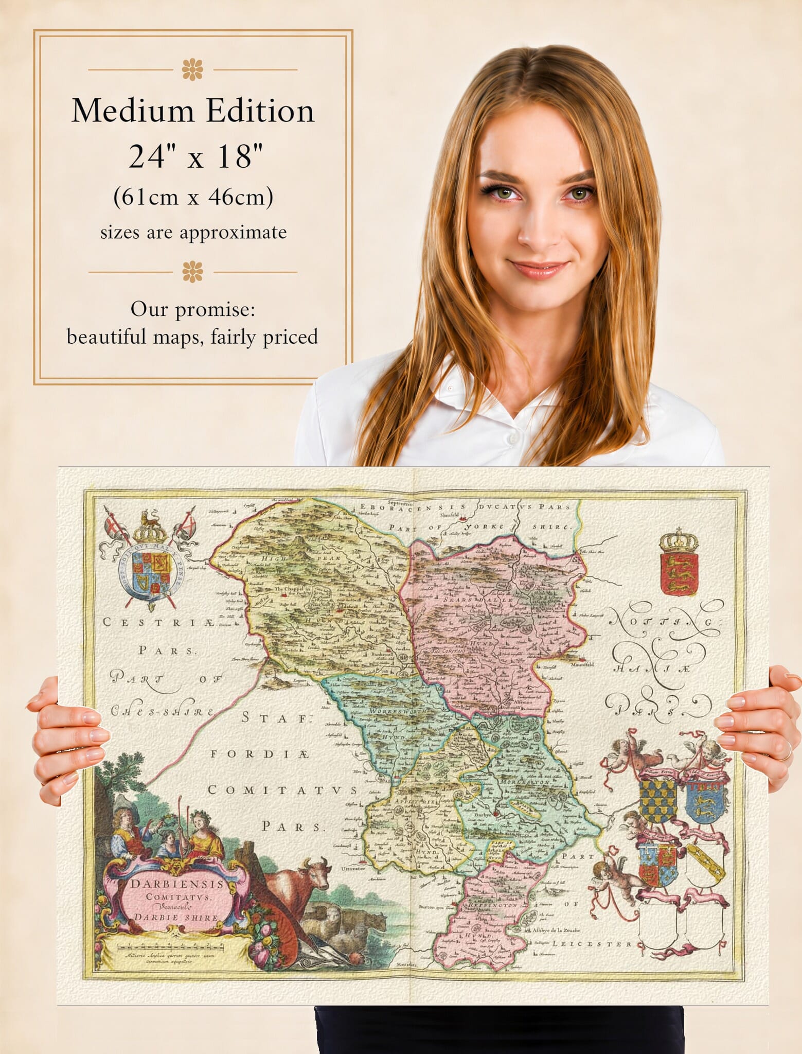 Lady holding the Medium Edition of Joan Blaeu's old map of Derbyshire