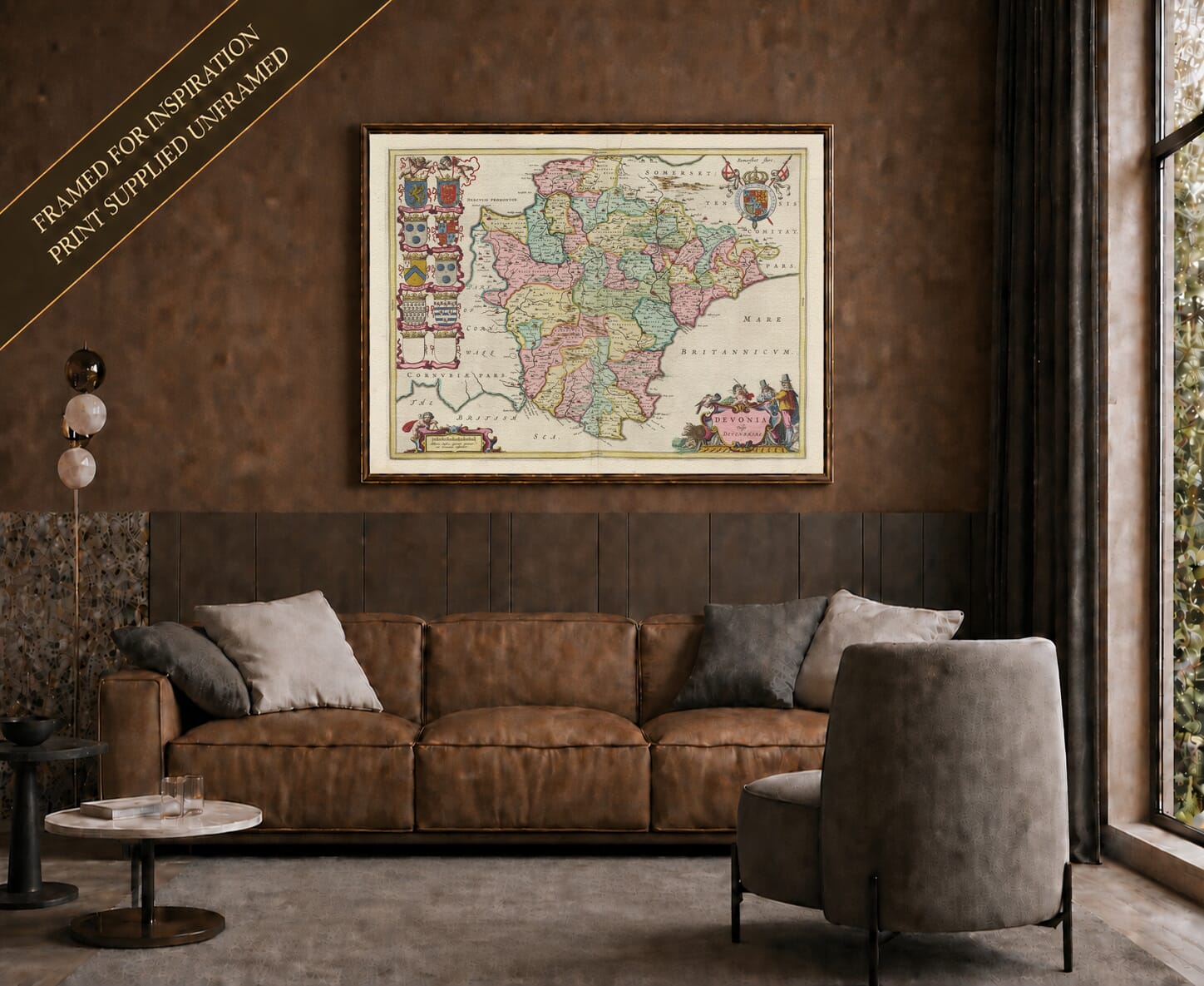 Joan Blaeu's old map of Devon shown framed; print supplied unframed