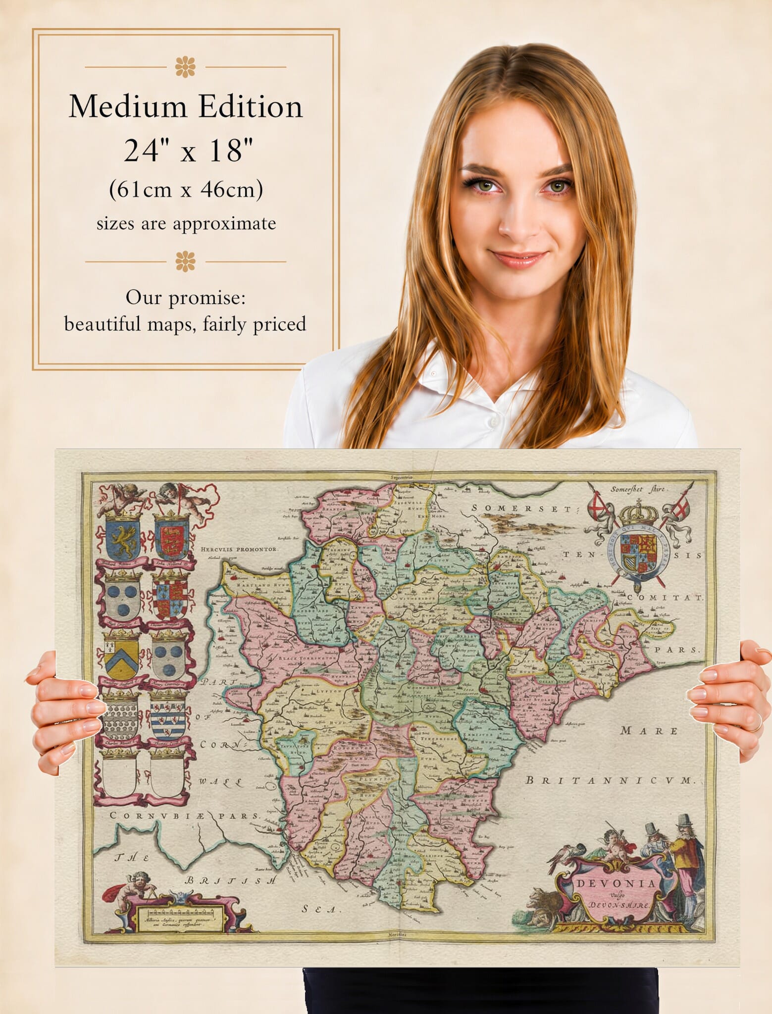 Lady holding the Medium Edition of Joan Blaeu's old map of Devon