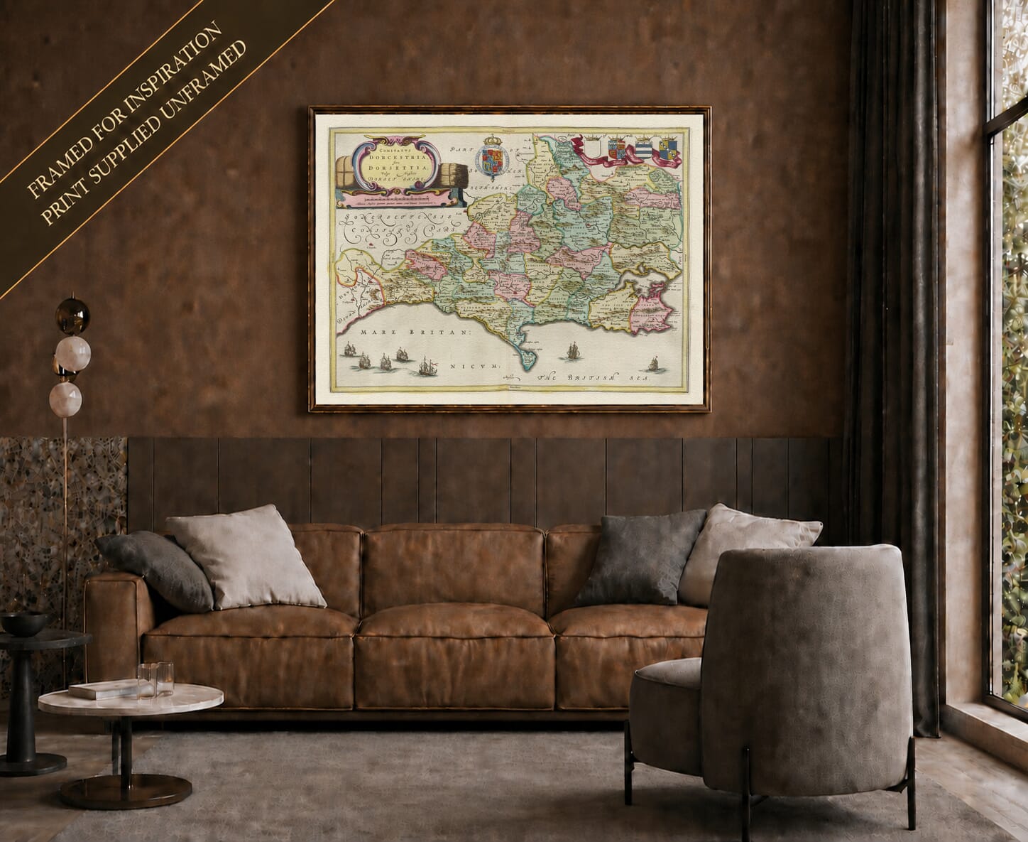 Joan Blaeu's old map of Dorset shown framed; print supplied unframed