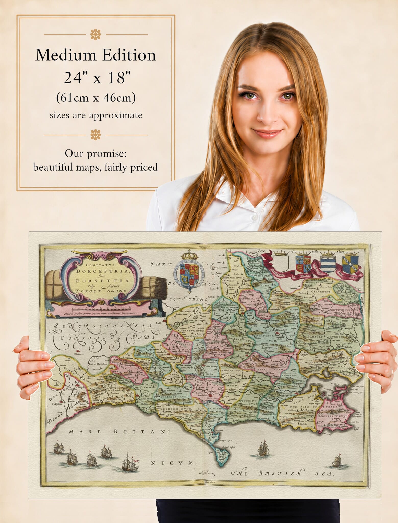 Lady holding the Medium Edition of Joan Blaeu's old map of Dorset