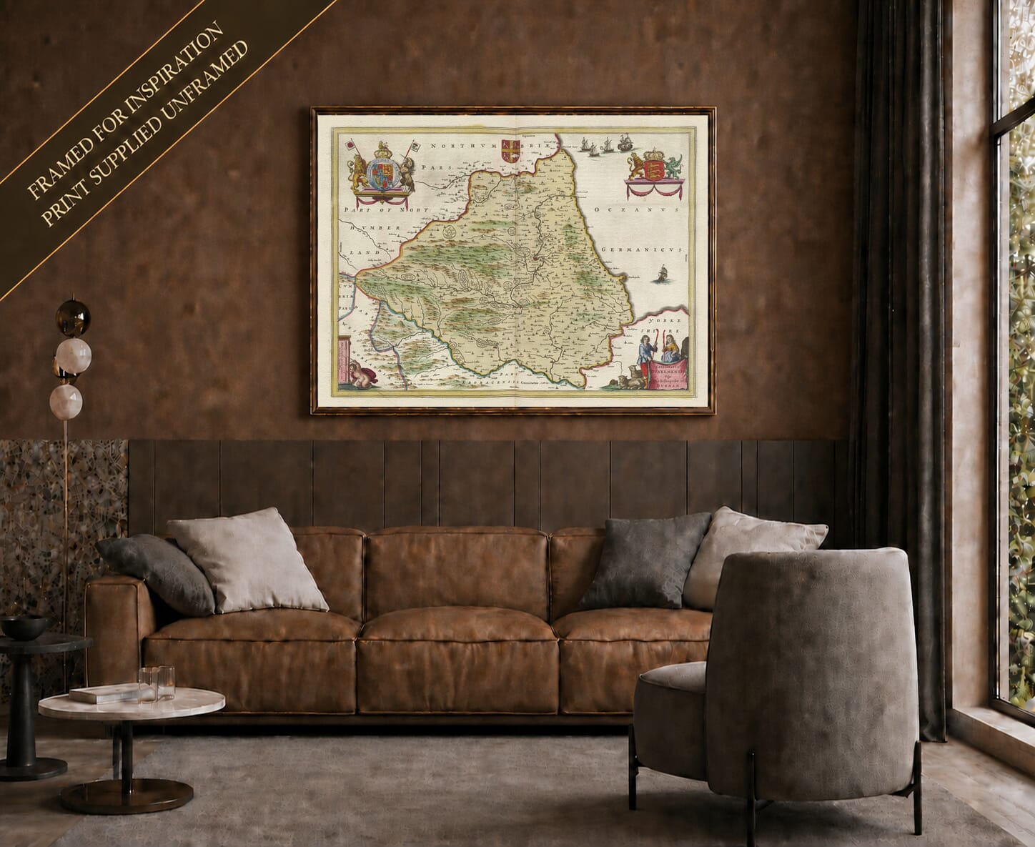 Joan Blaeu's old map of Durham shown framed; print supplied unframed