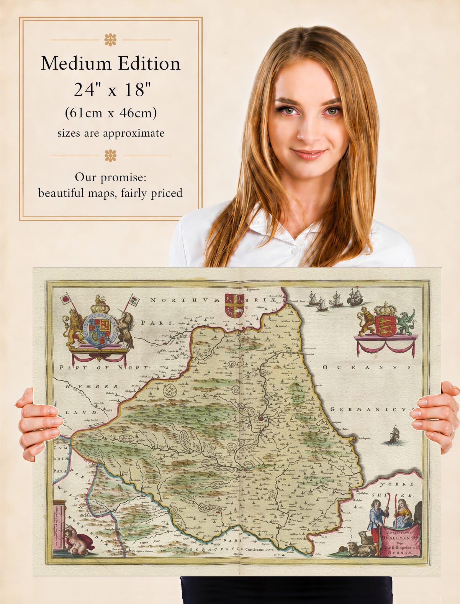 Lady holding the Medium Edition of Joan Blaeu's old map of Durham