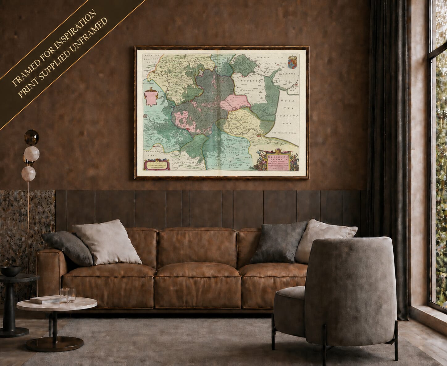 Joan Blaeu's old map of East Anglia shown framed; print supplied unframed