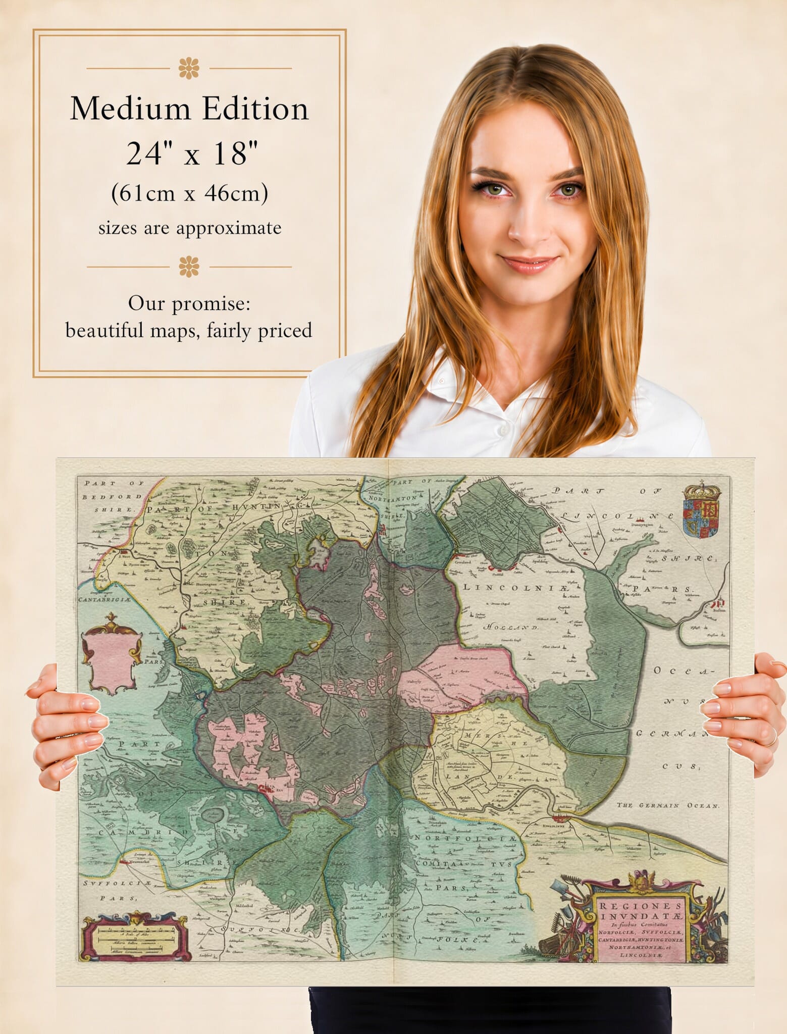 Lady holding the Medium Edition of Joan Blaeu's old map of East Anglia