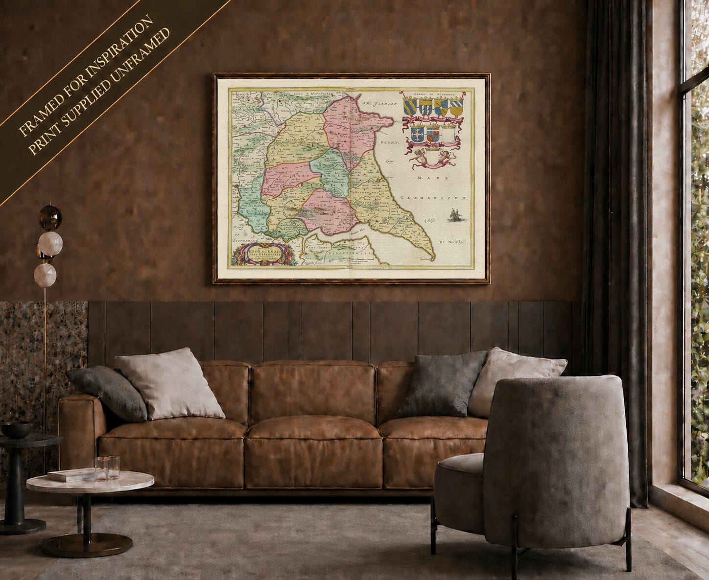 Joan Blaeu's old map of East Yorkshire shown framed; print supplied unframed