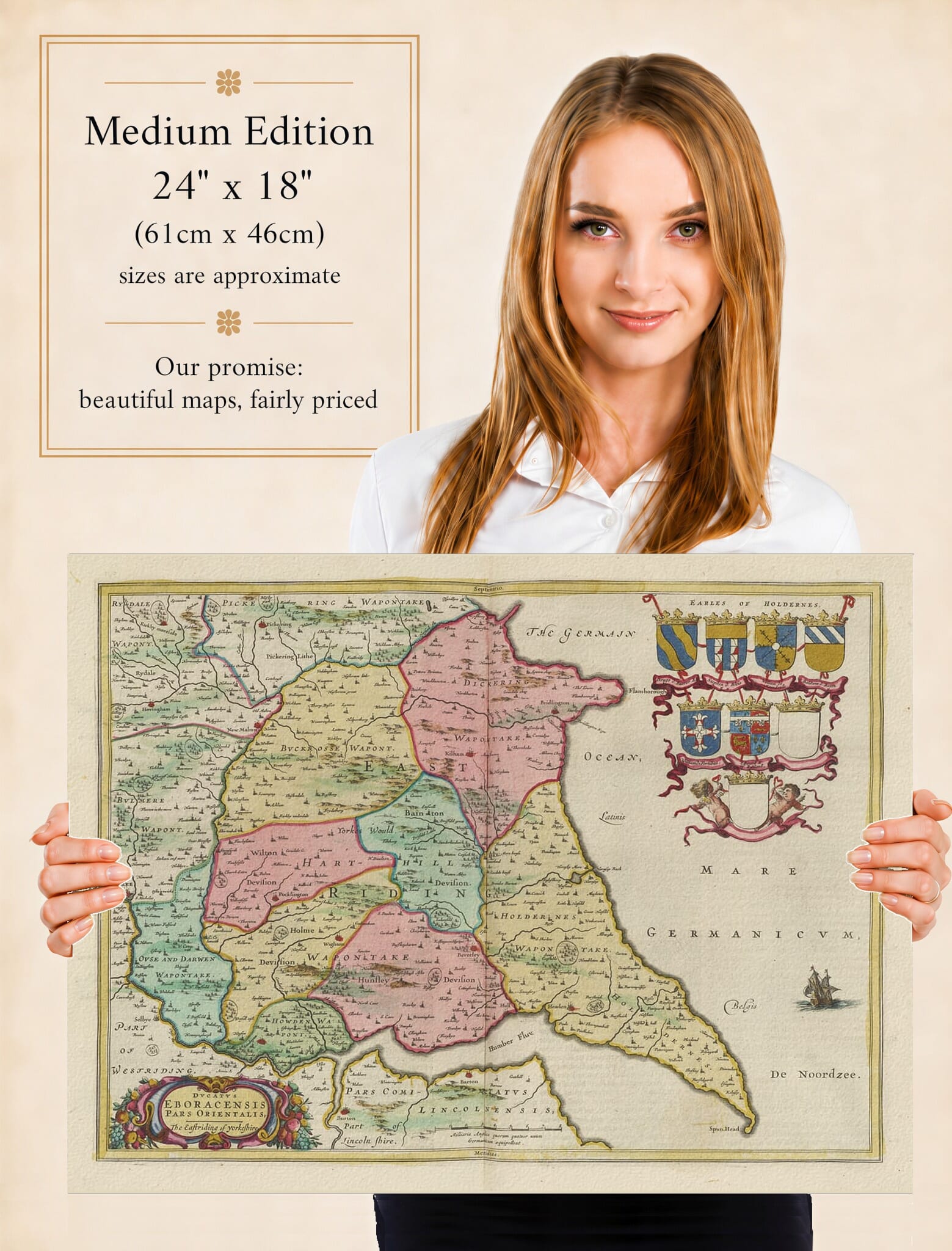 Lady holding the Medium Edition of Joan Blaeu's old map of East Yorkshire