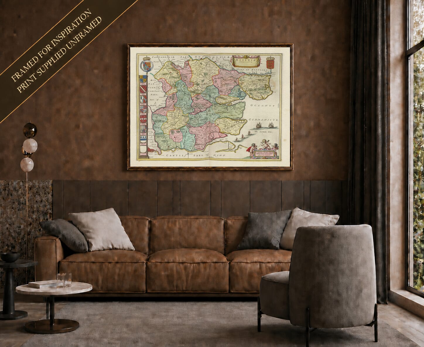 Joan Blaeu's old map of Essex shown framed; print supplied unframed