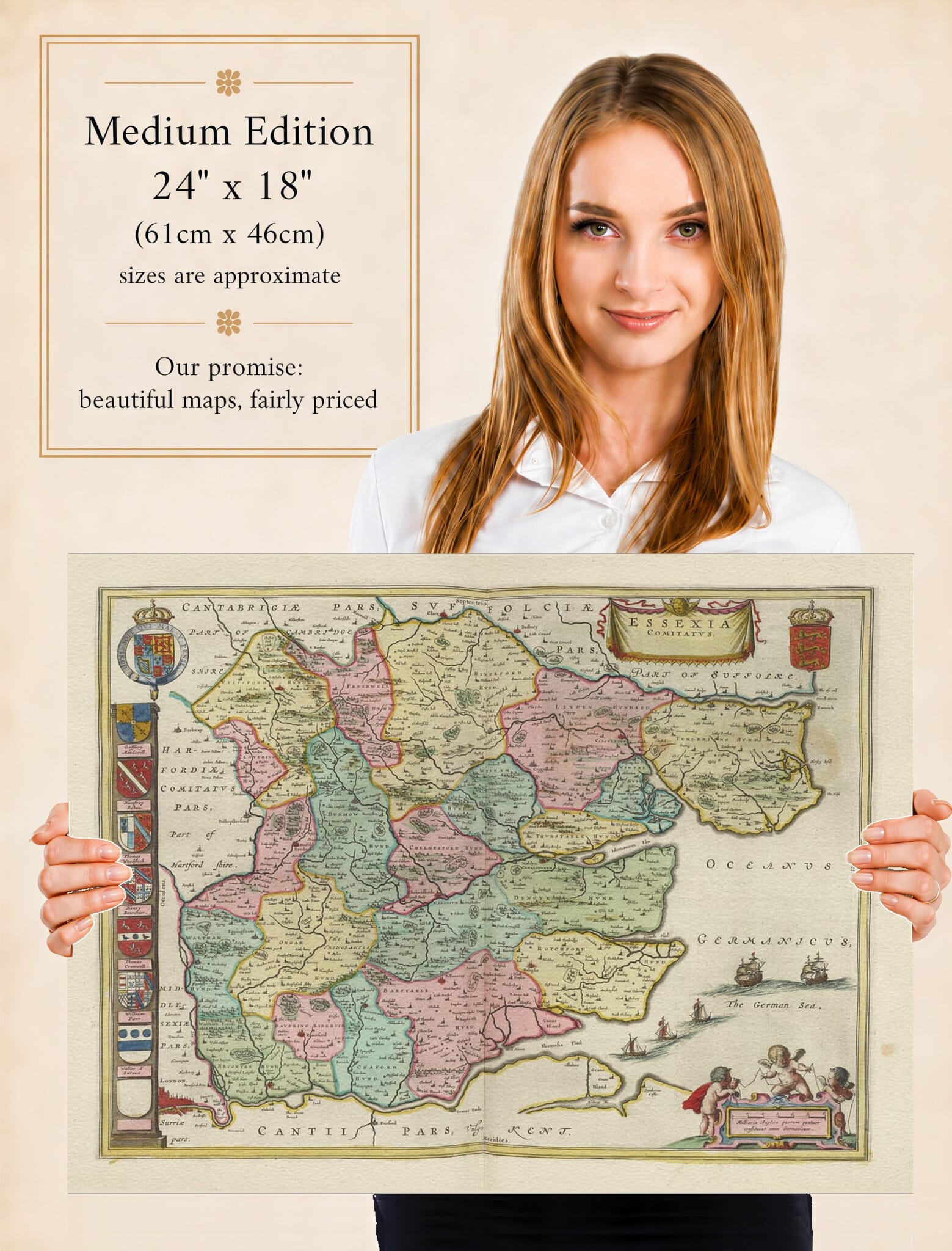 Lady holding the Medium Edition of Joan Blaeu's old map of Essex