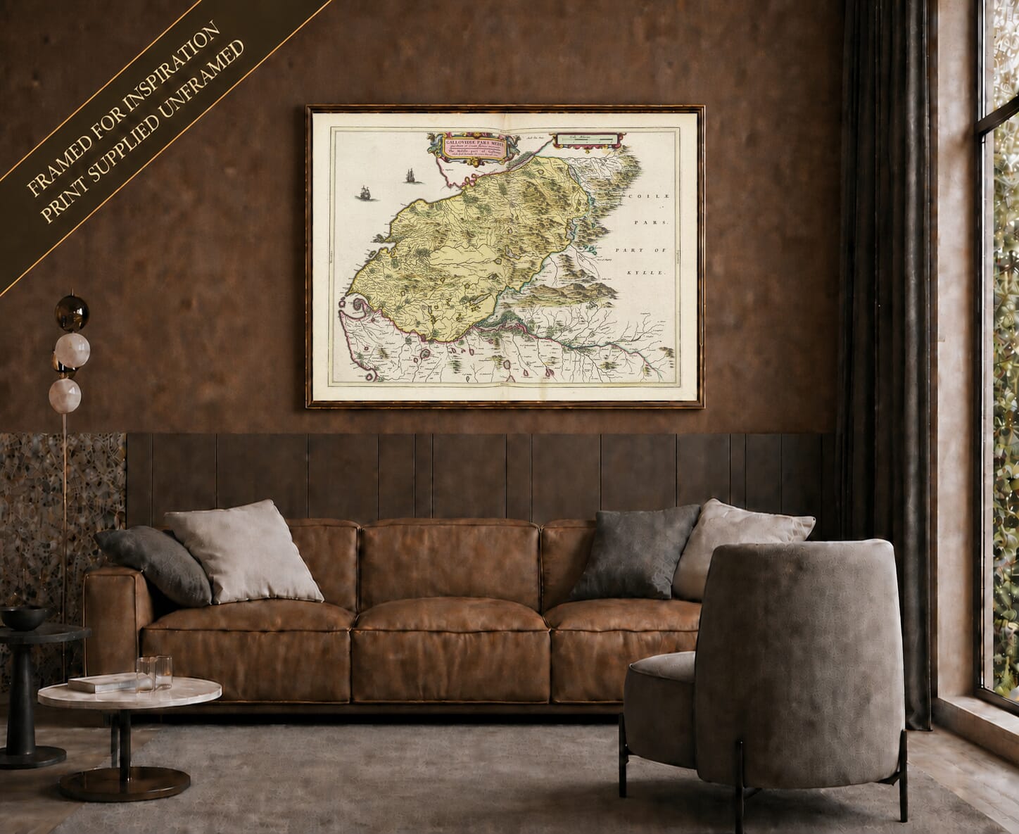 Joan Blaeu's old map of Galloway shown framed; print supplied unframed