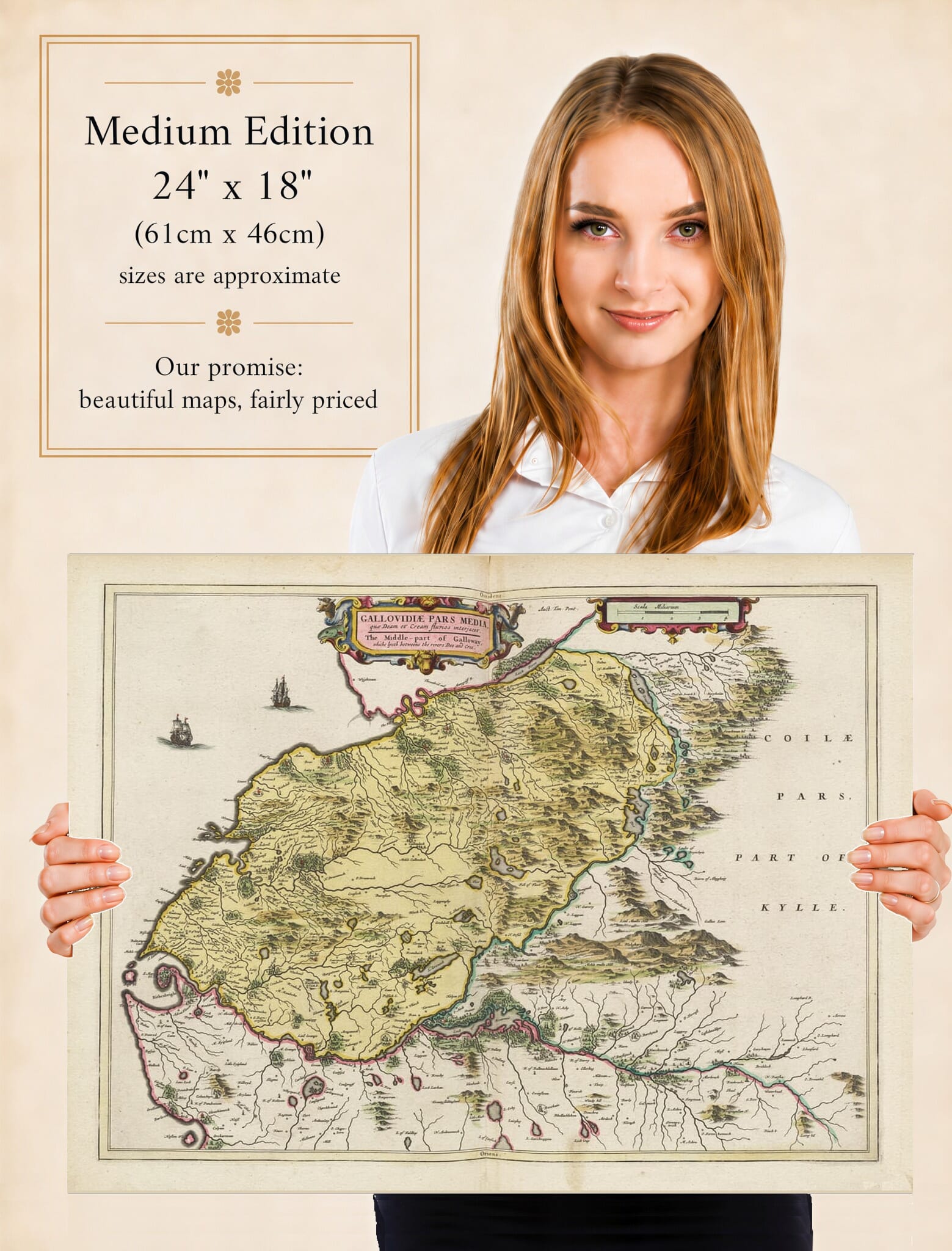 Lady holding the Medium Edition of Joan Blaeu's old map of Galloway