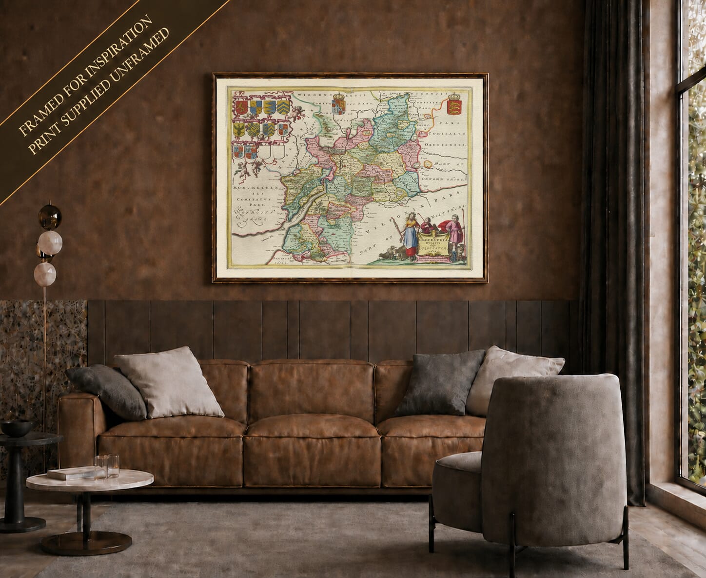 Joan Blaeu's old map of Gloucestershire shown framed; print supplied unframed
