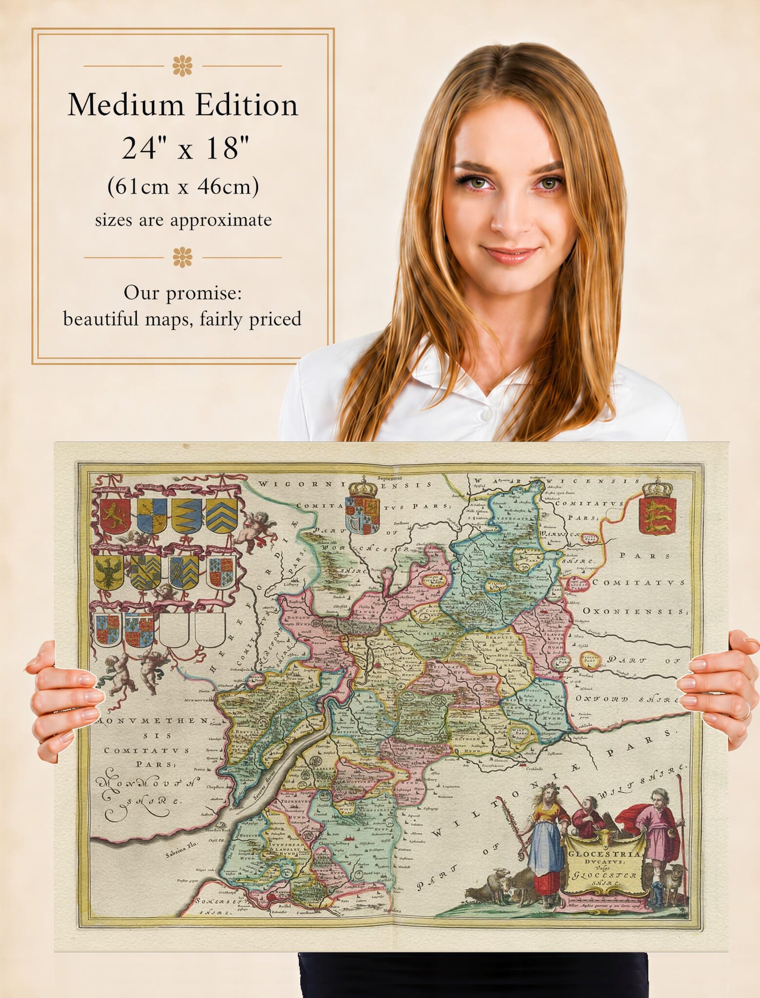 Lady holding the Medium Edition of Joan Blaeu's old map of Gloucestershire