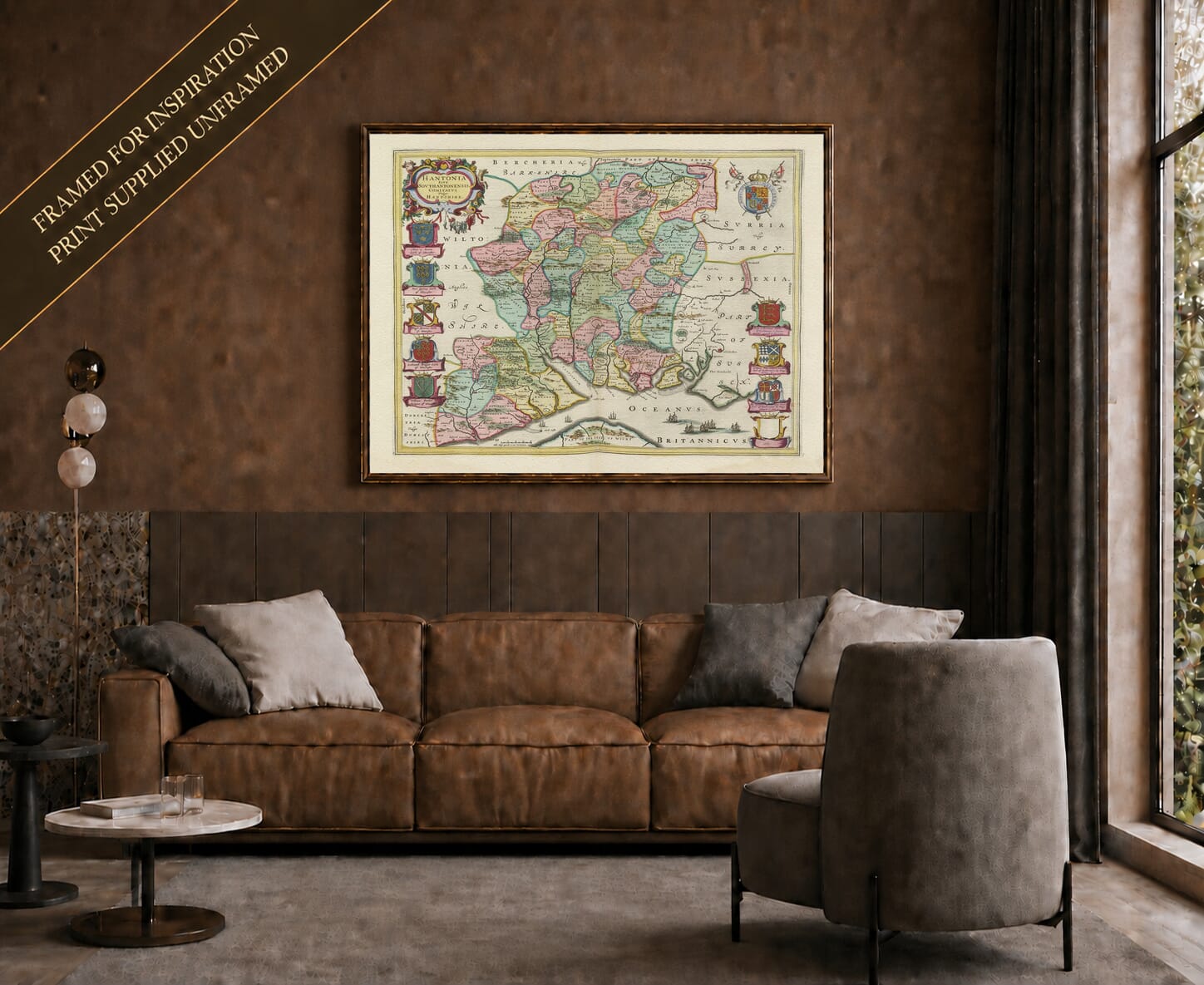 Joan Blaeu's old map of Hampshire shown framed; print supplied unframed