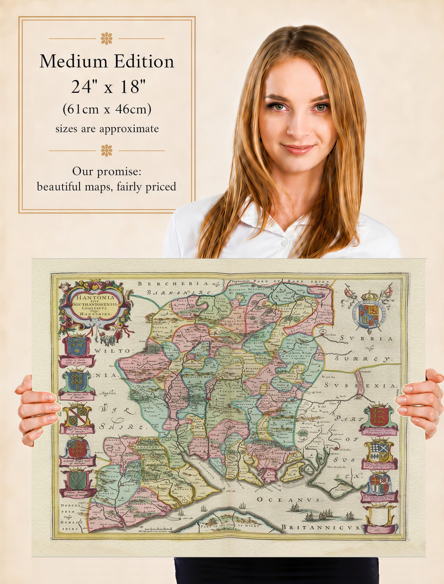 Lady holding the Medium Edition of Joan Blaeu's old map of Hampshire