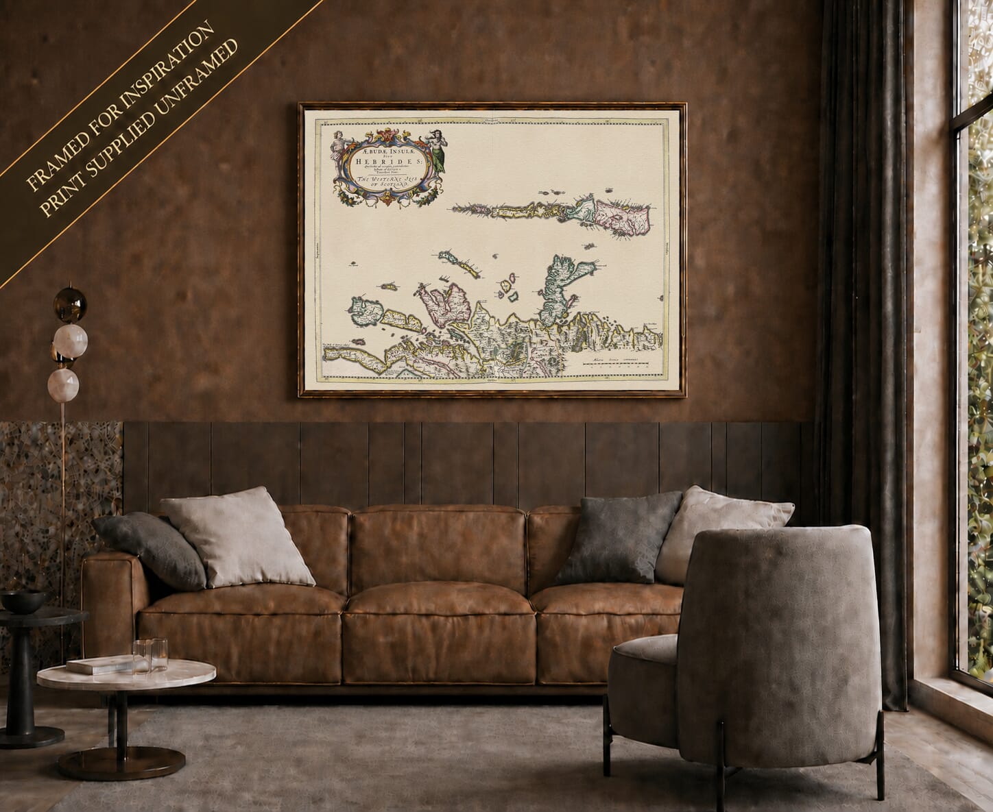 Joan Blaeu's old map of Hebrides shown framed; print supplied unframed