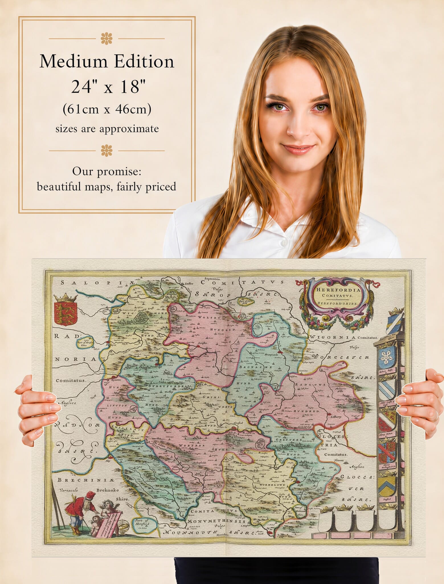 Lady holding the Medium Edition of Joan Blaeu's old map of Herefordshire