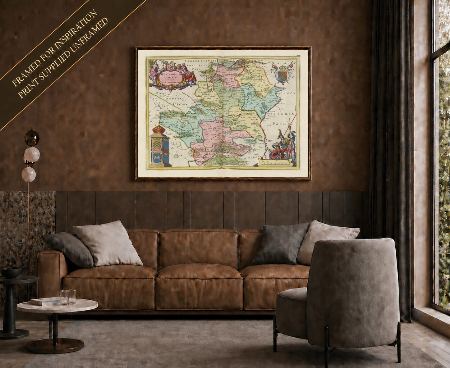 Joan Blaeu's old map of Hertfordshire shown framed; print supplied unframed