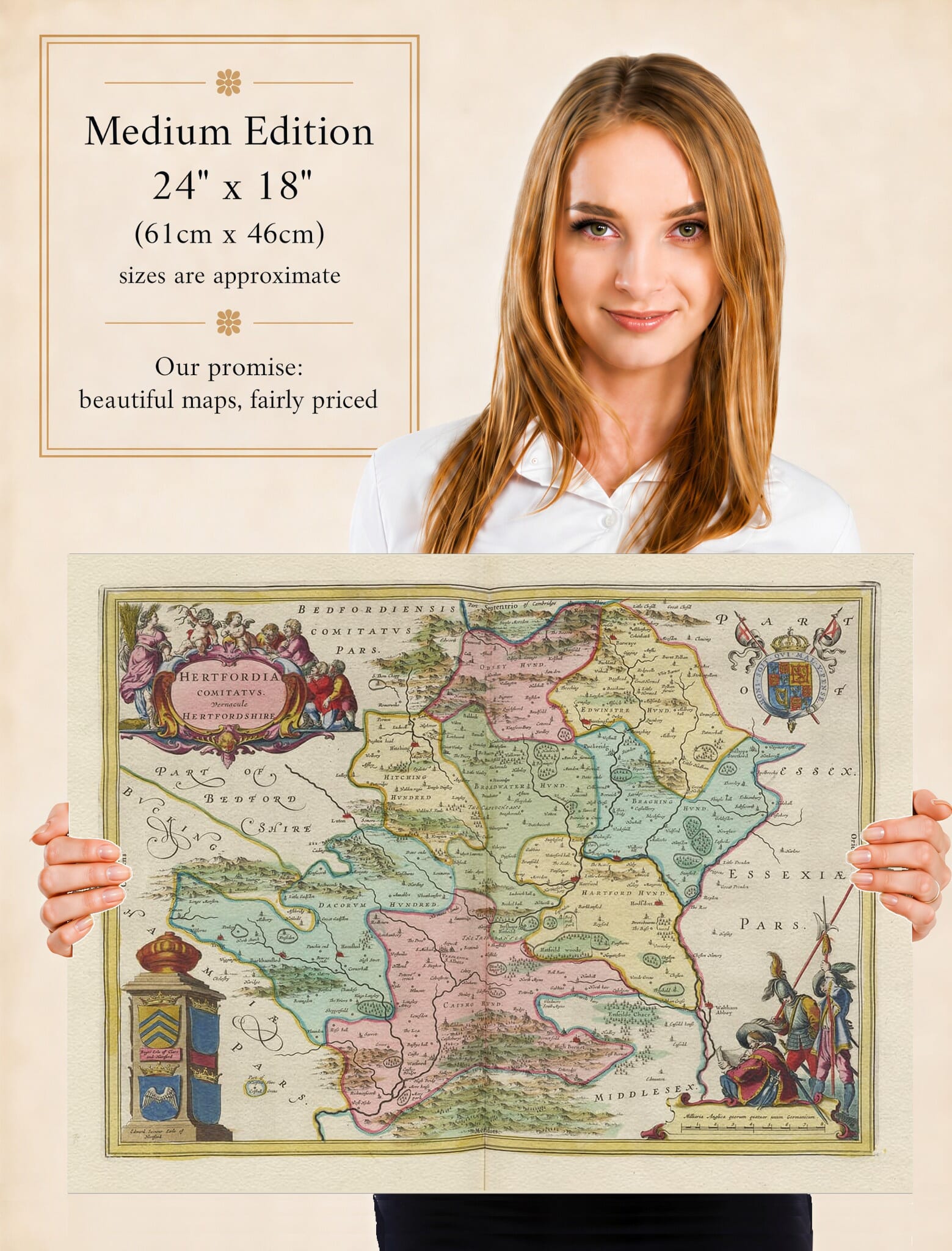 Lady holding the Medium Edition of Joan Blaeu's old map of Hertfordshire