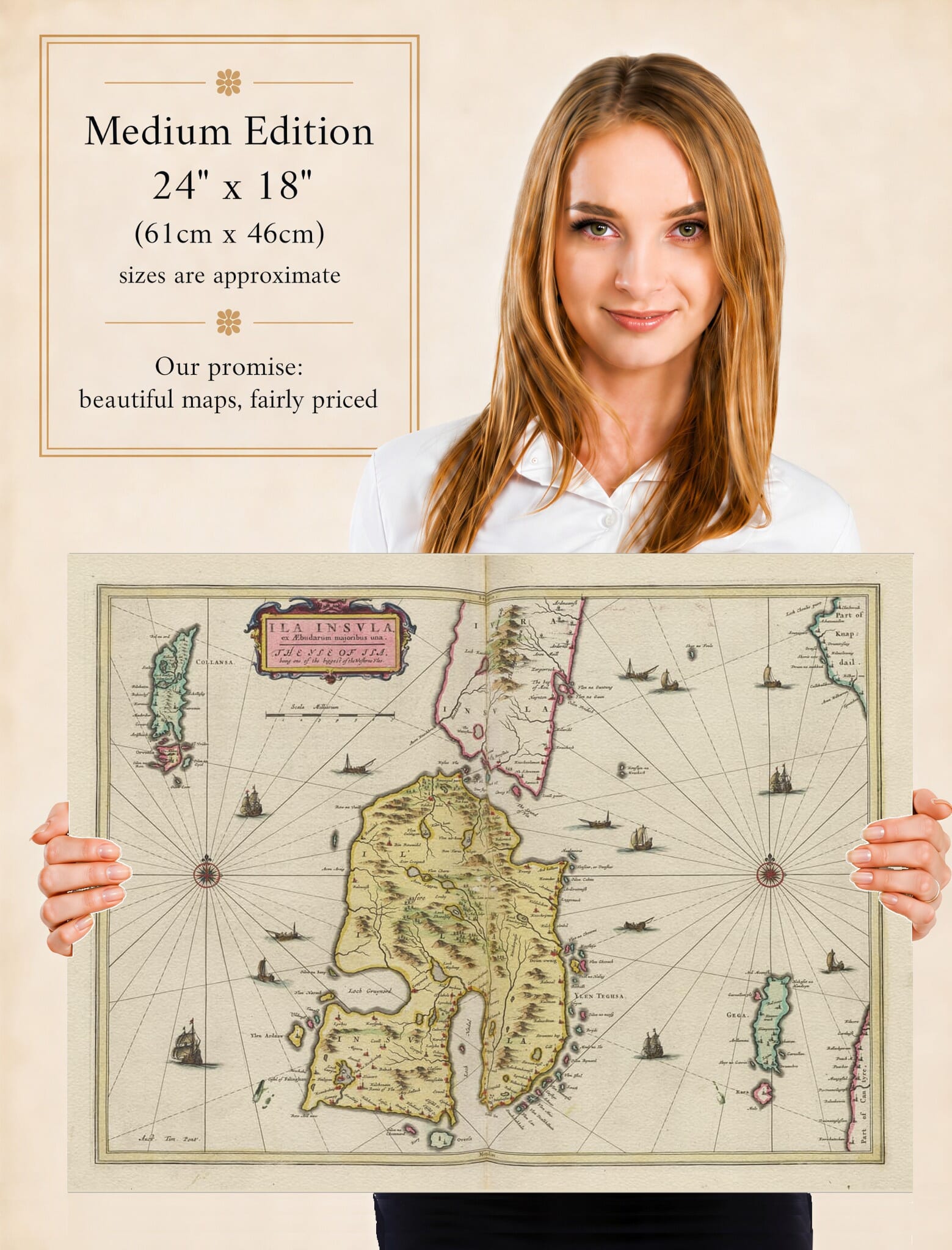 Lady holding the Medium Edition of Joan Blaeu's old map of Islay